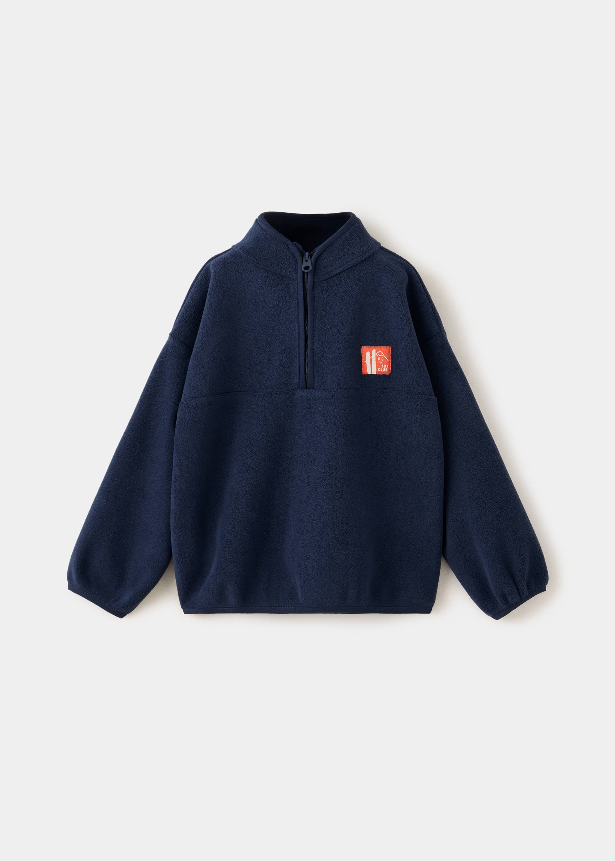 Navy blue fleece sweatshirt with a high zip neck and a small chest patch.