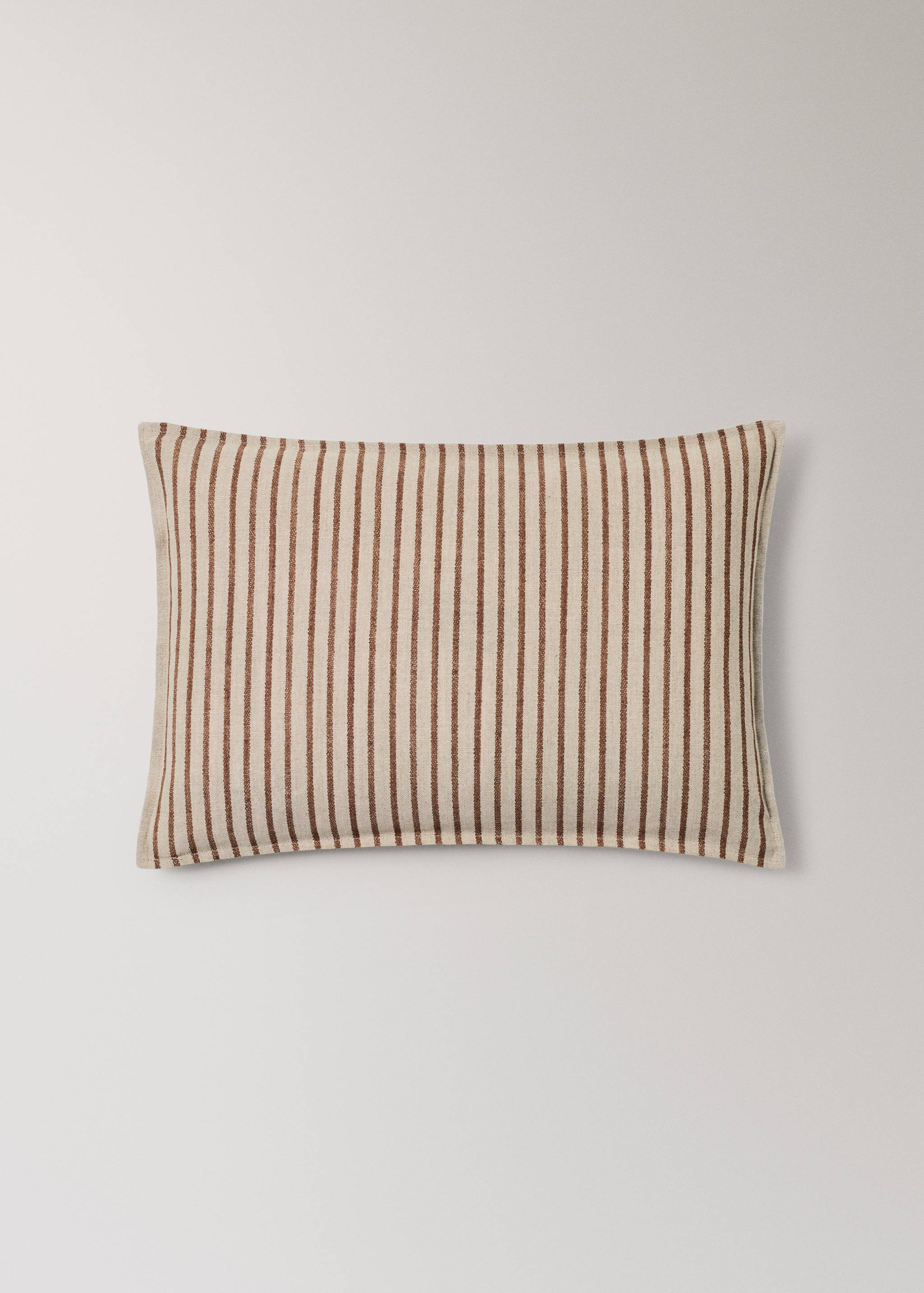 Rectangular cushion cover in beige with vertical brown stripes.
