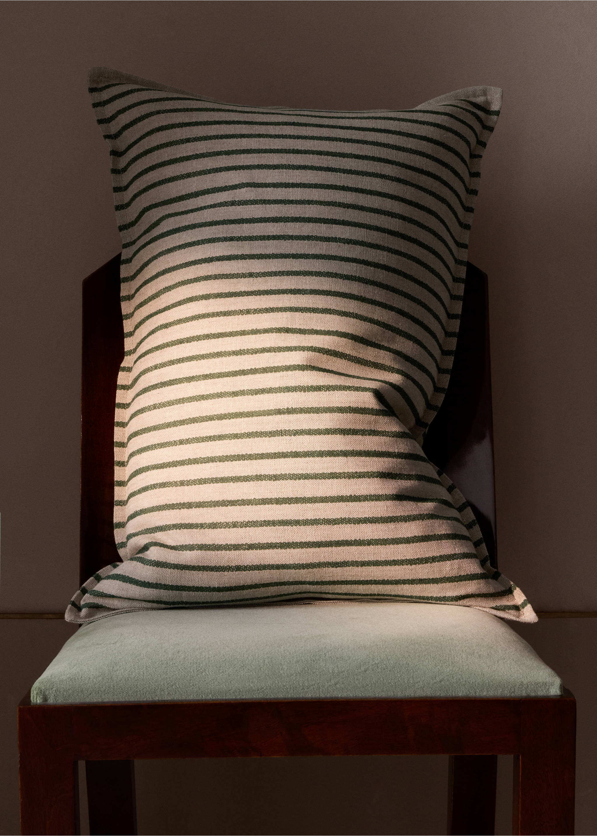 Cushion cover with beige and dark green horizontal stripes., Green. Ref: 37008639-00.