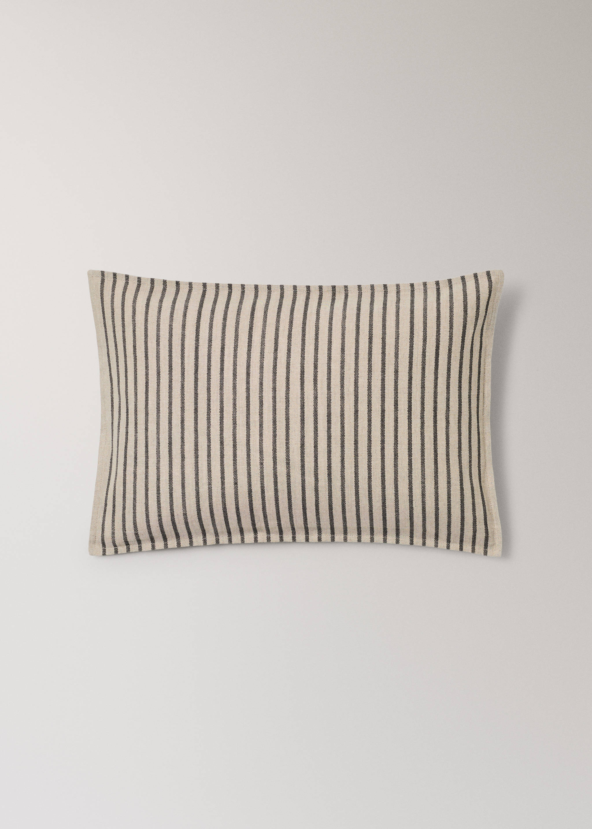 Rectangular cushion cover with a light beige and black vertical stripe pattern.