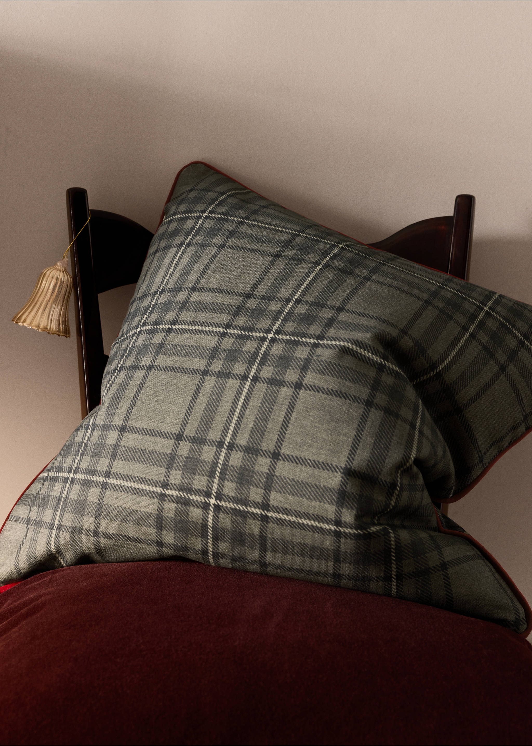 Green and grey tartan cushion cover with red piping., Grey. Ref: 37008641-00.