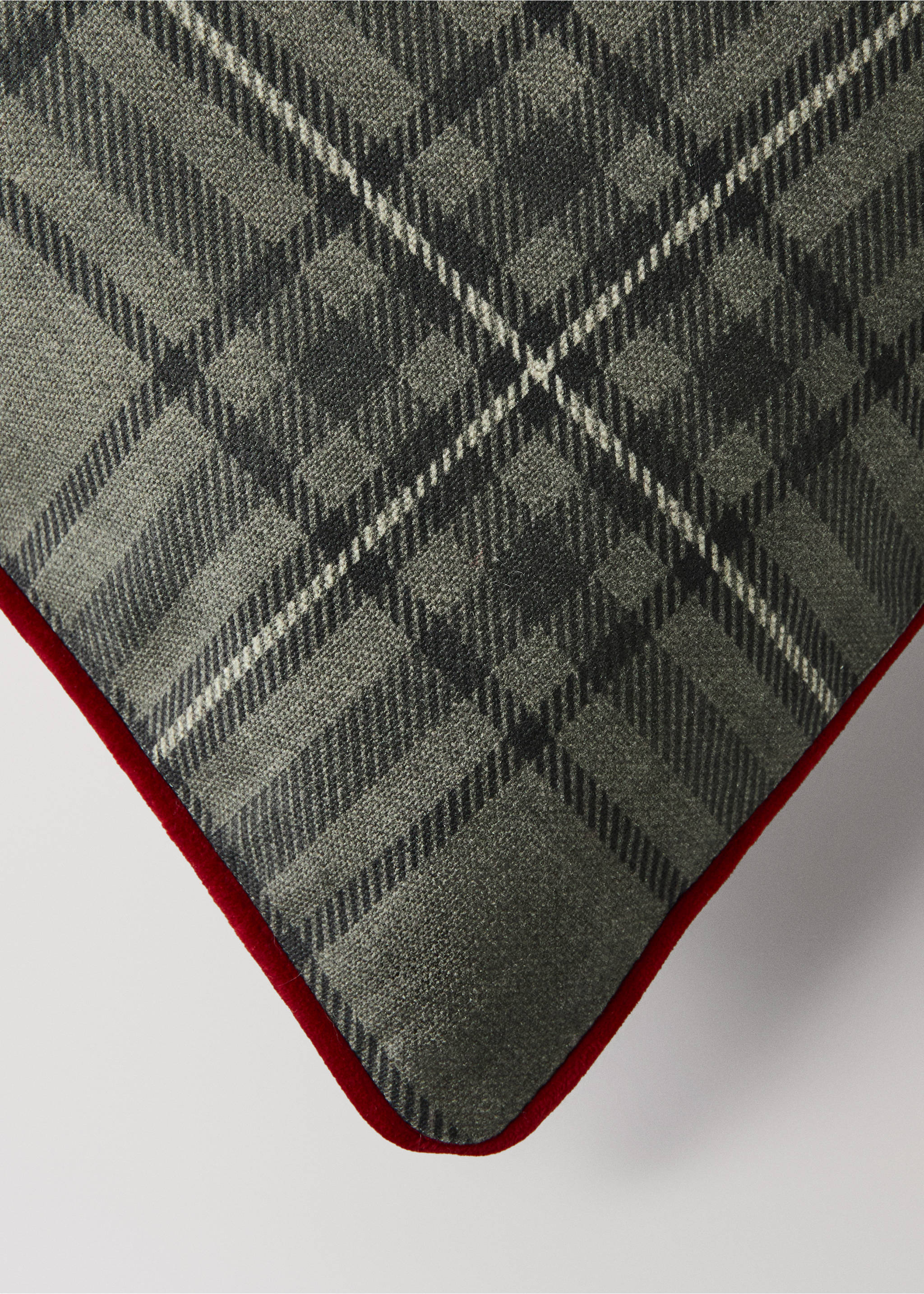 Grey tartan cushion cover with red velvet piping detail., Grey. Ref: 37008641-00.