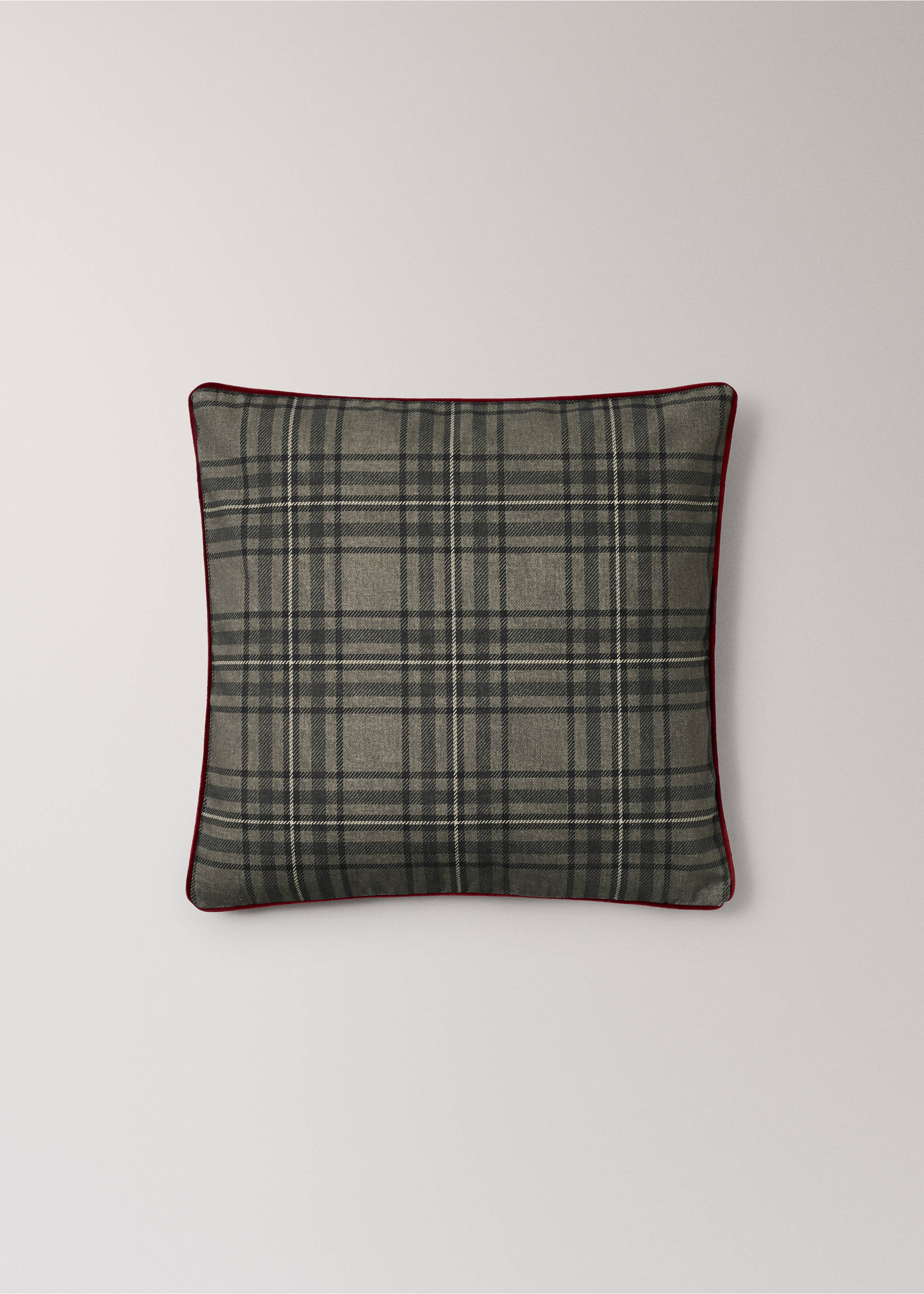 Grey tartan cushion cover with red piping trim., Grey. Ref: 37008641-00.