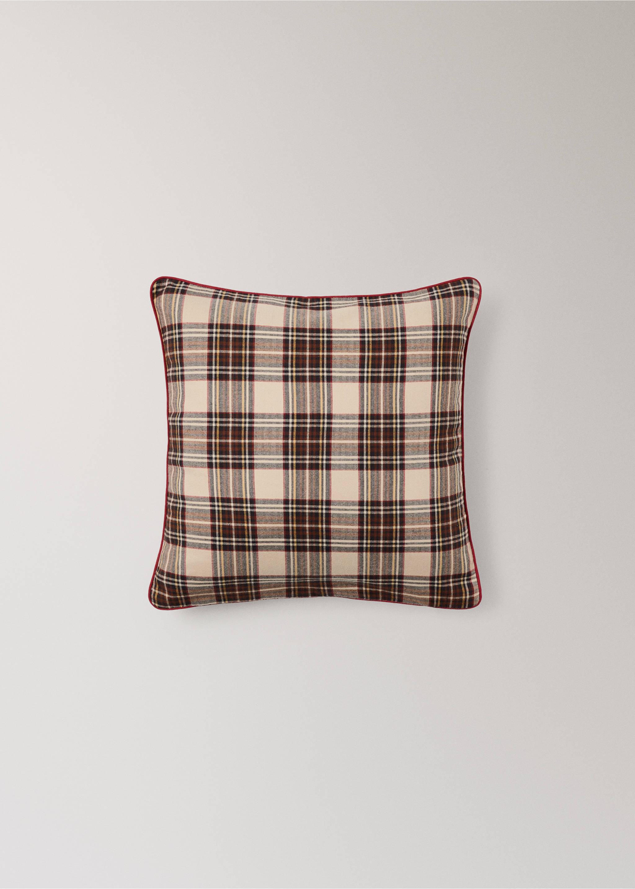 Cream and brown plaid cushion cover with red piping., Red. Ref: 37008644-00.