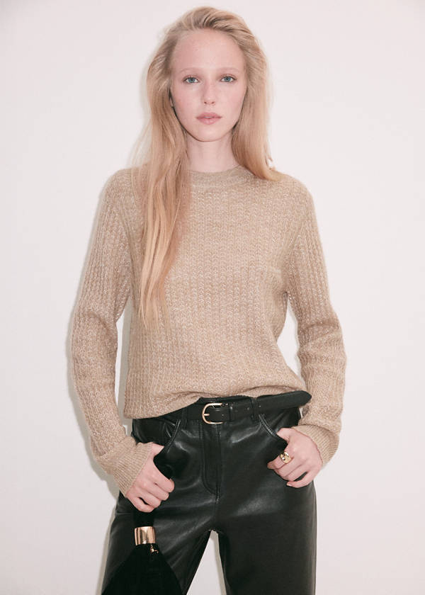 Openwork herringbone knit jumper — Medium Brown