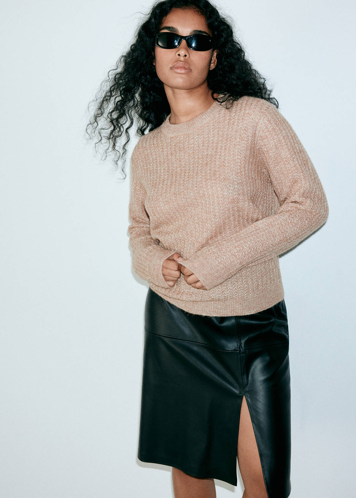 Openwork herringbone knit jumper — Medium Brown