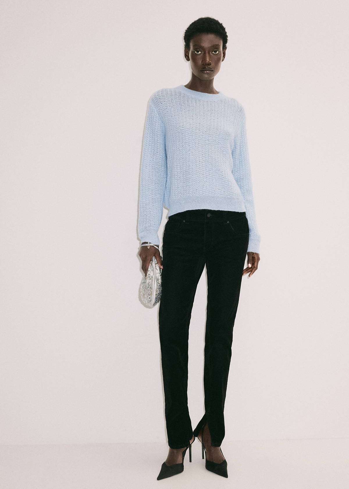 Openwork herringbone knit jumper — Sky Blue