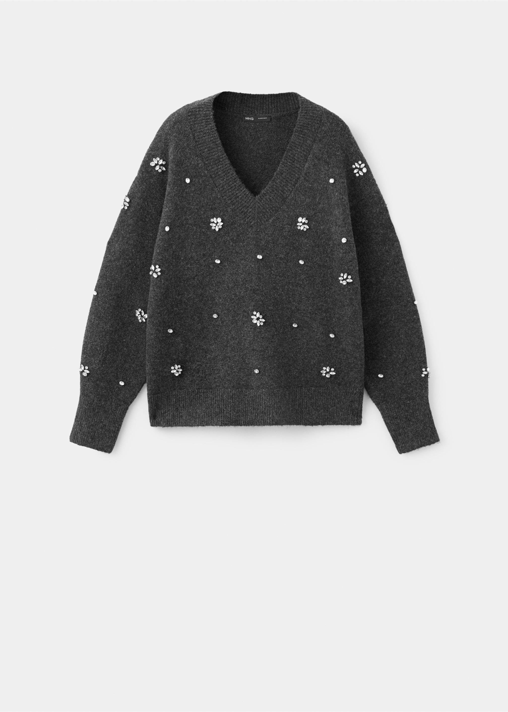 Dark grey V-neck knit jumper embellished with scattered rhinestones., Dark Heather Grey. Ref: 37009130-00.