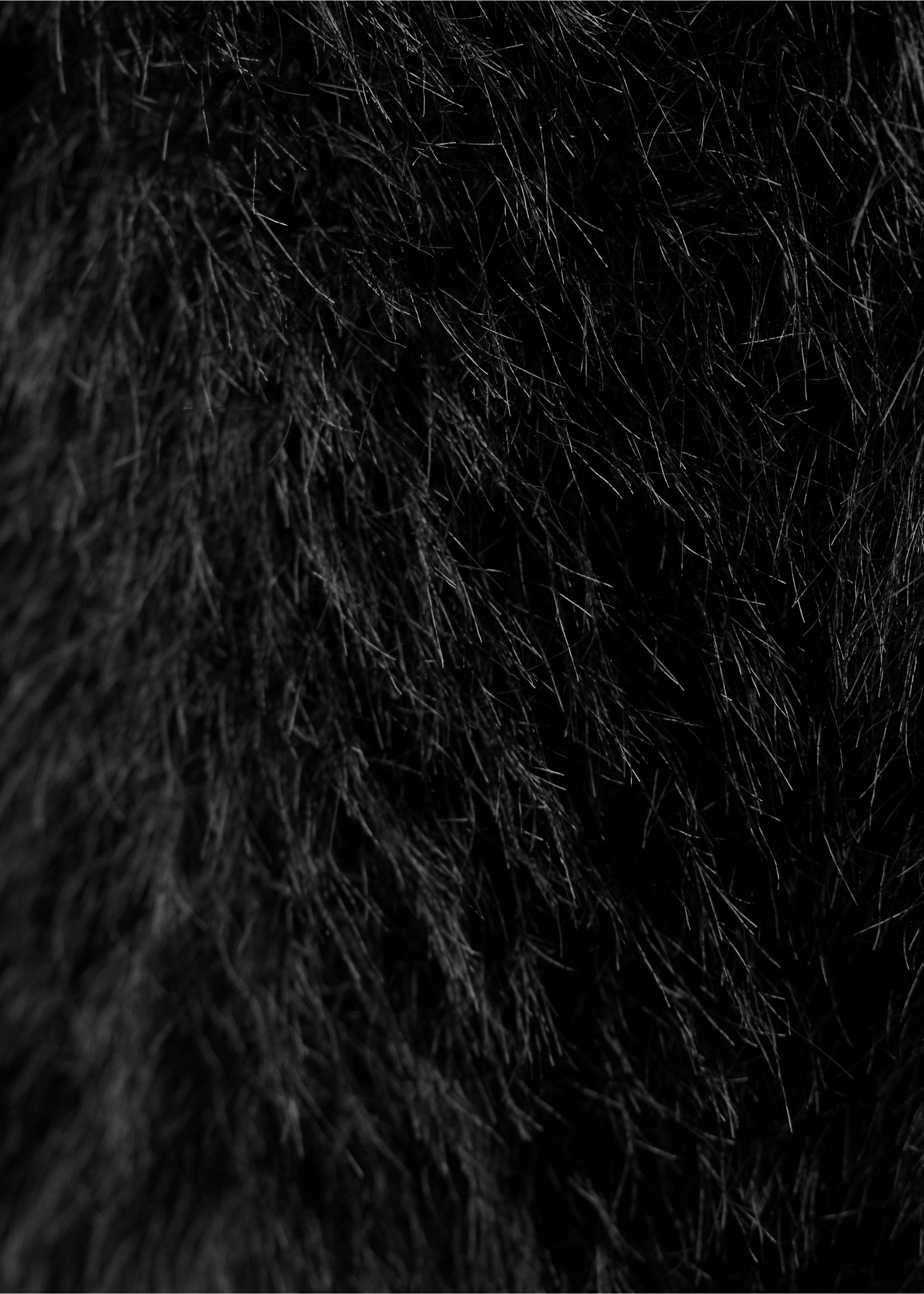 Close-up of black hairy faux-fur knit texture., Black. Ref: 37009131-00.