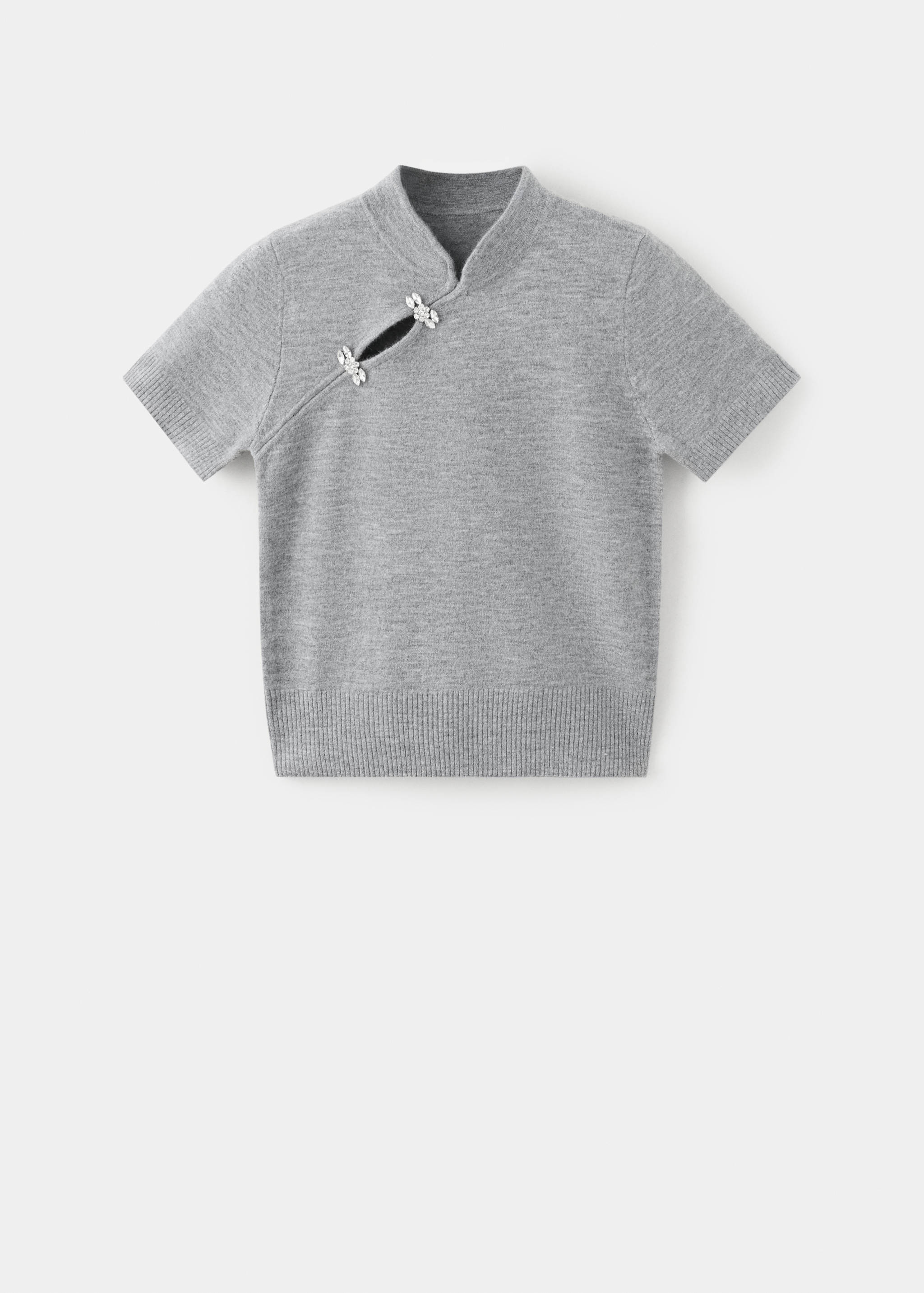 Grey short-sleeve knit jersey with mandarin collar and jewelled closures.