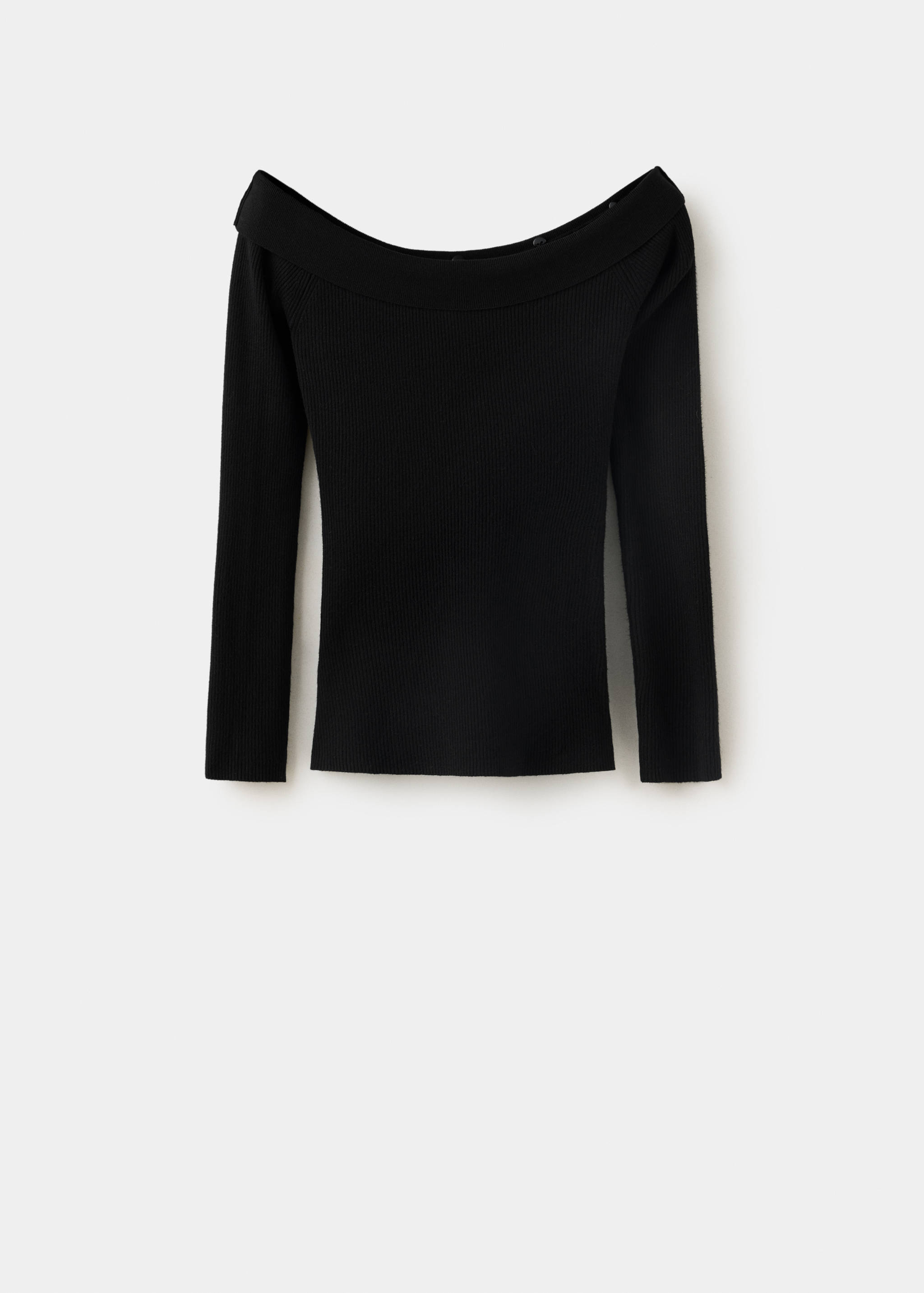 Black ribbed knit jersey with an off-the-shoulder neckline.