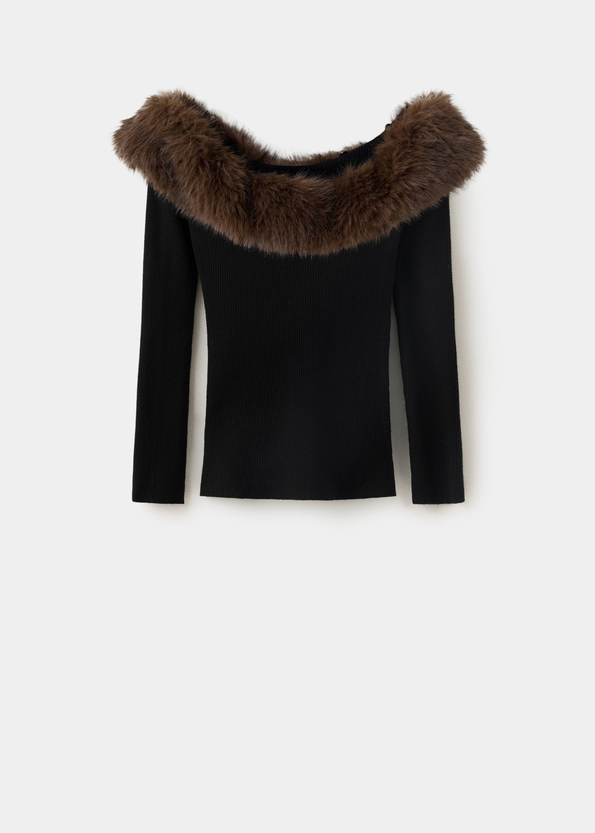 Black ribbed jersey sweater with a brown faux-fur off-the-shoulder collar