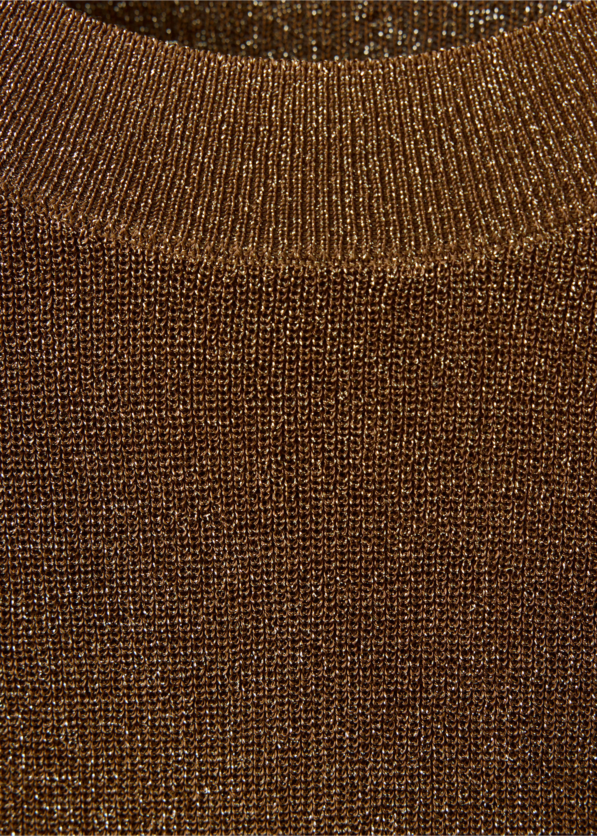 Close-up of a bronze metallic knitted jumper with a ribbed round neck., Gold. Ref: 37009140-00.