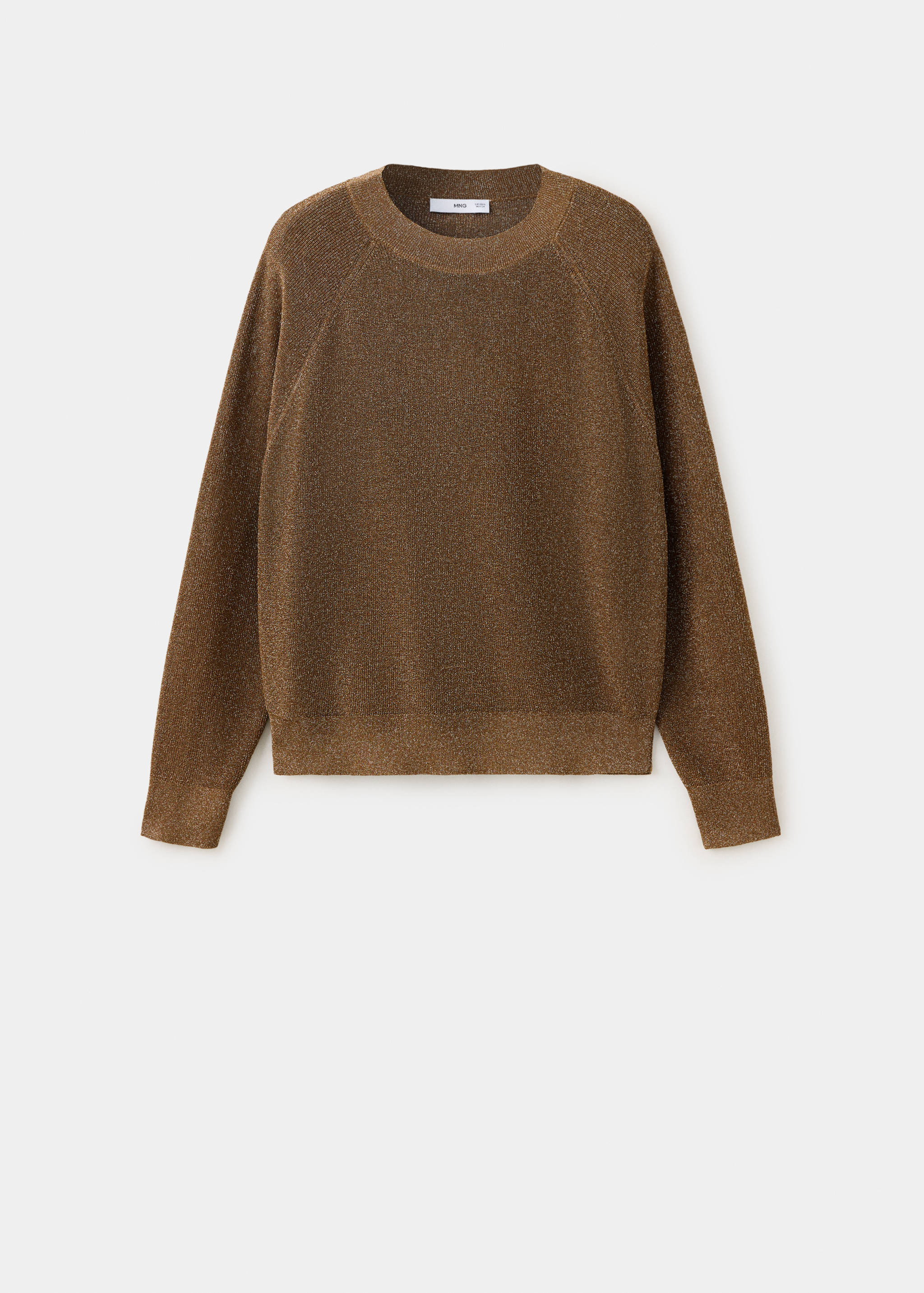 Bronze brown metallic knit jumper with a round neckline and long raglan sleeves.
