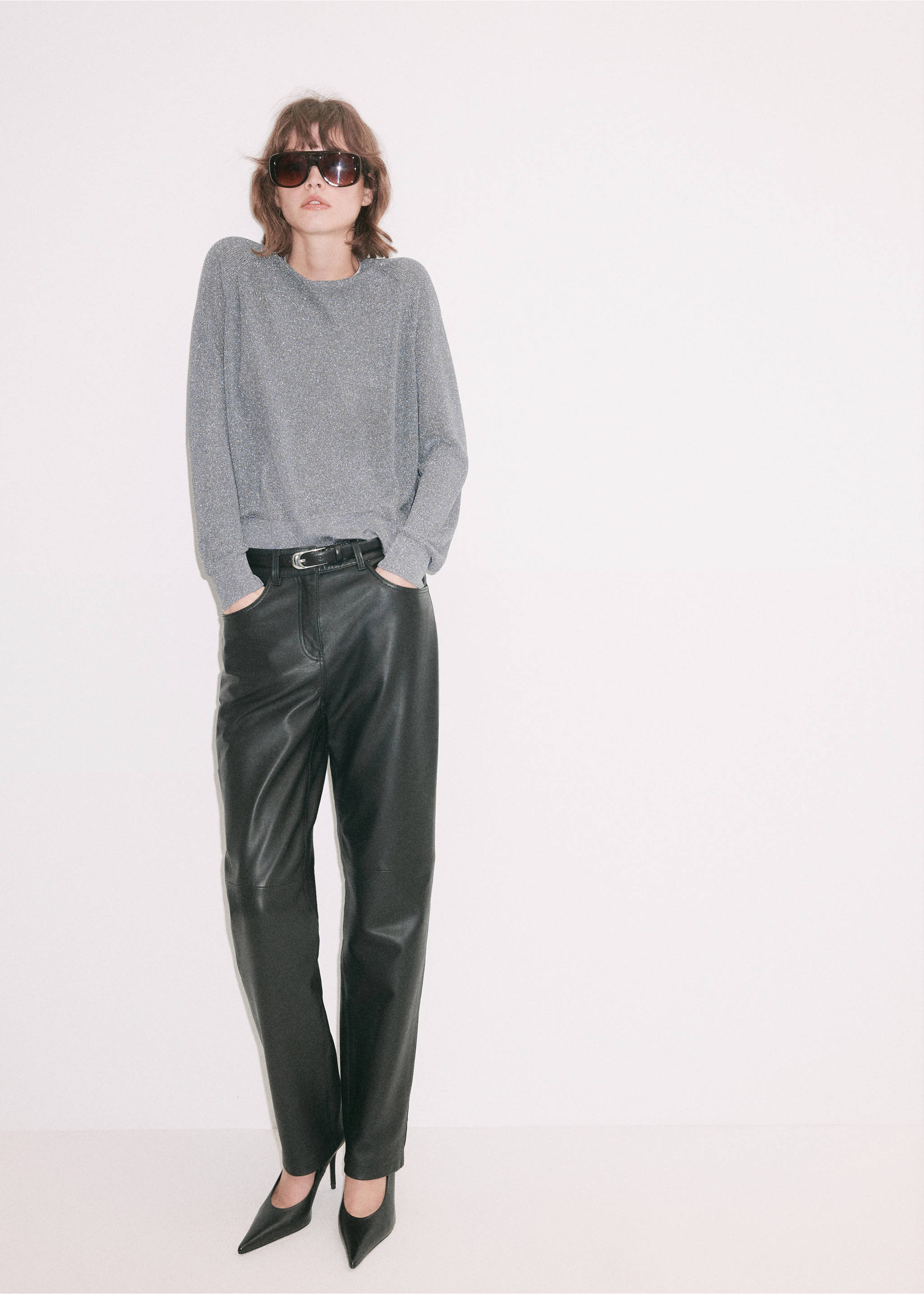 Grey metallic-finish jersey with round neck and long sleeves, worn with black faux-leather trousers., Silver. Ref: 37009140-00.
