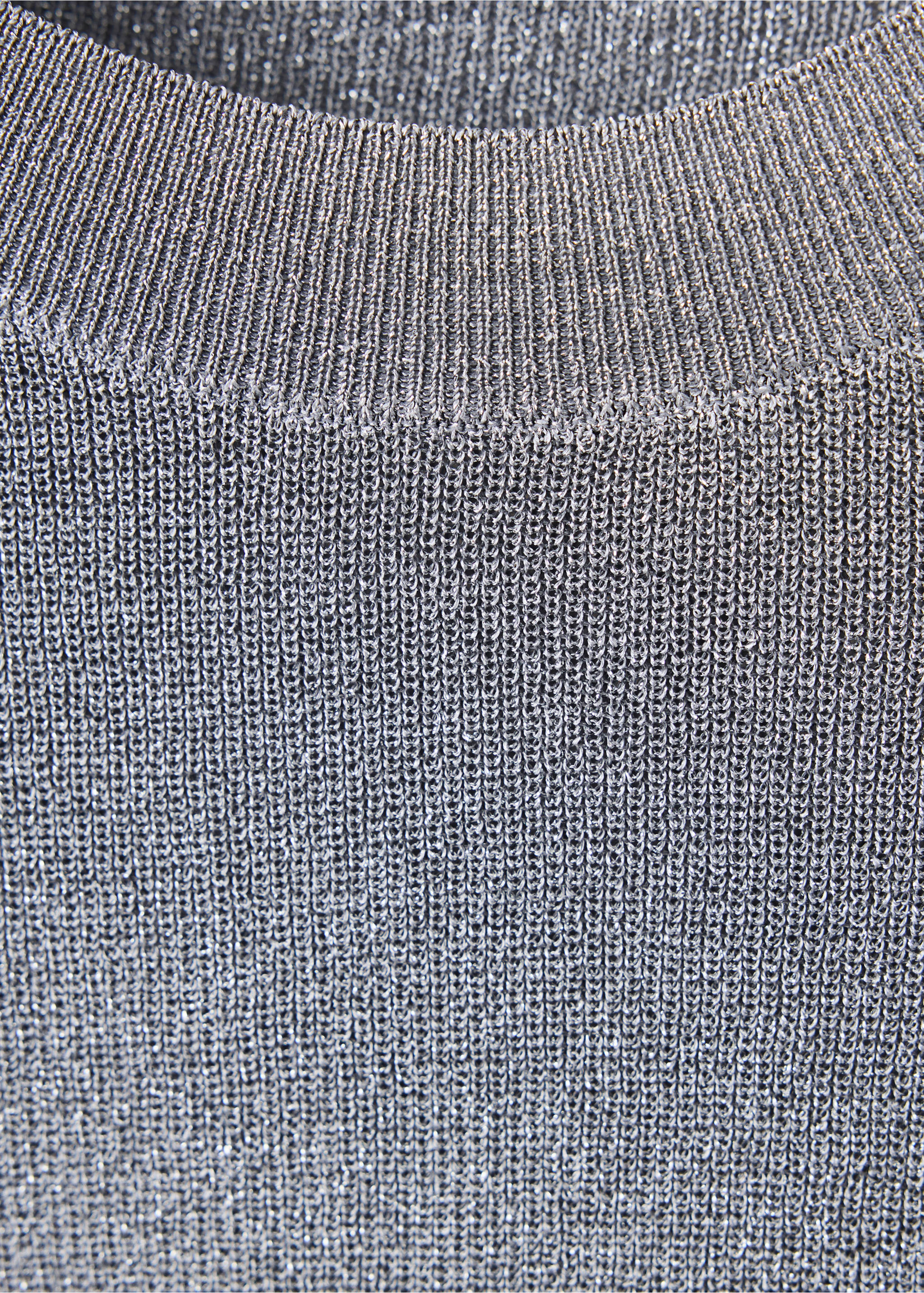Close-up of a metallic silver knit jersey sweater showing the ribbed neckline., Silver. Ref: 37009140-00.