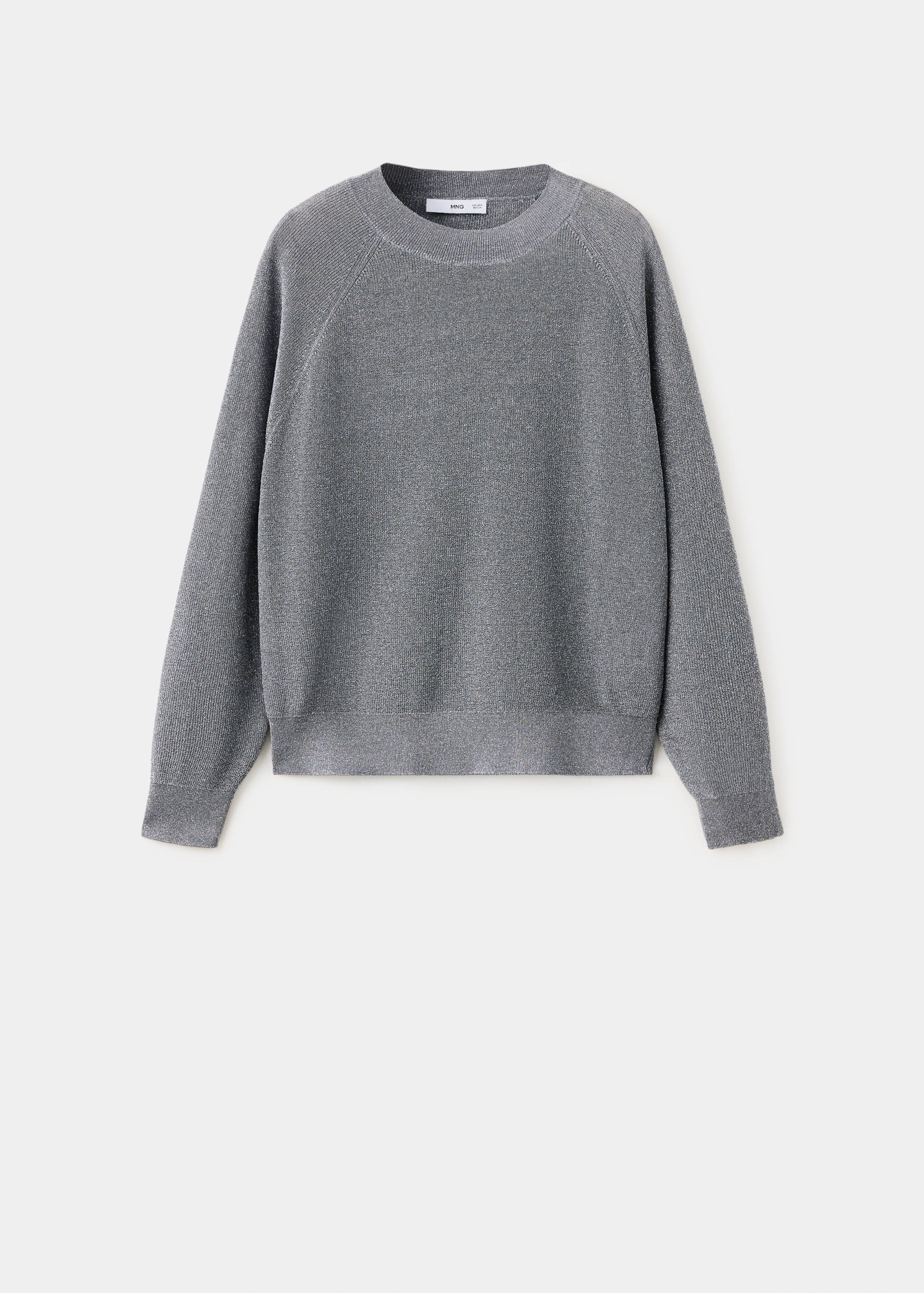 Grey knit jersey with a round neck and long raglan sleeves.