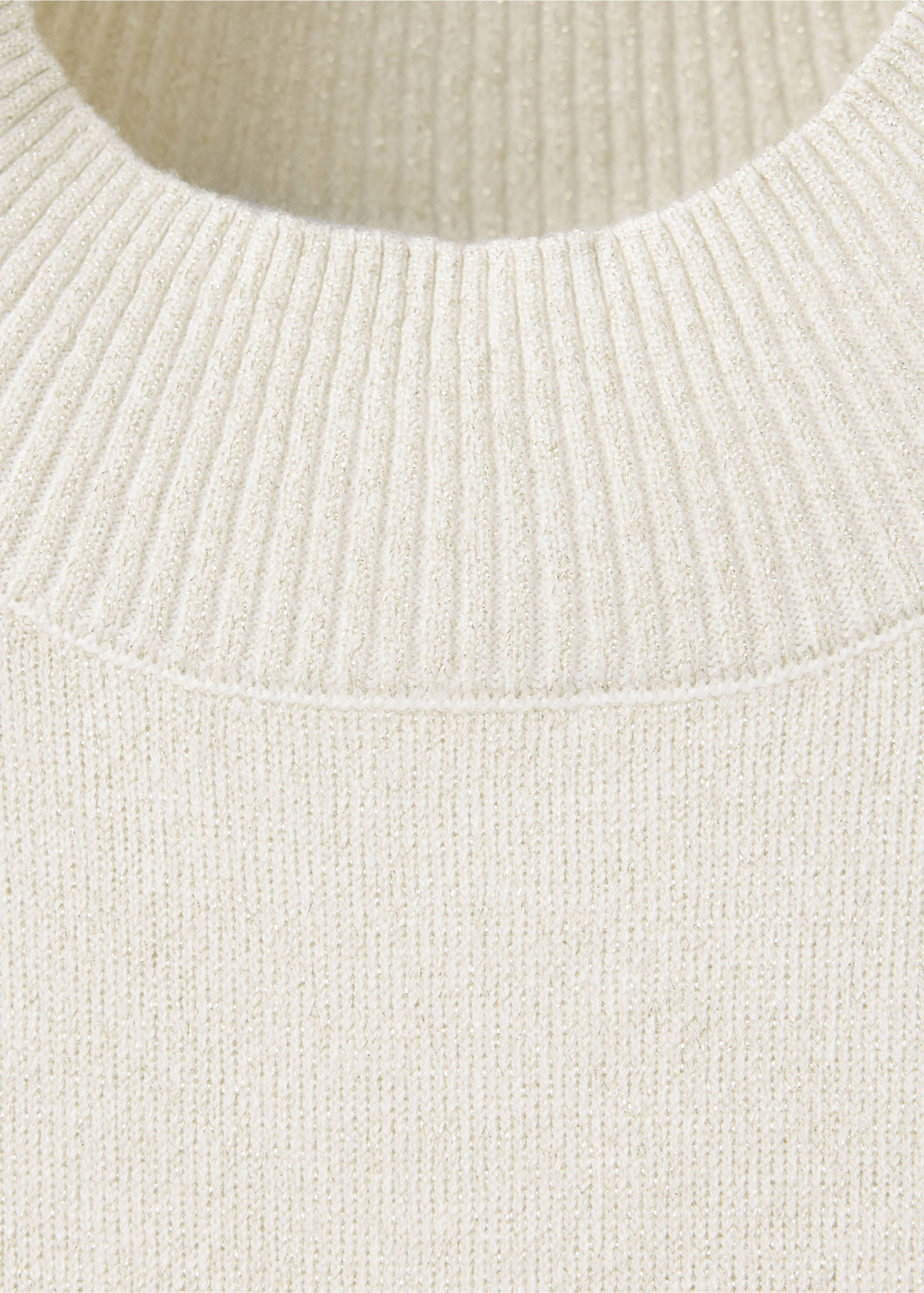 Close-up of an off-white knitted jumper with a ribbed neckline and subtle metallic shimmer., Gold. Ref: 37009141-00.