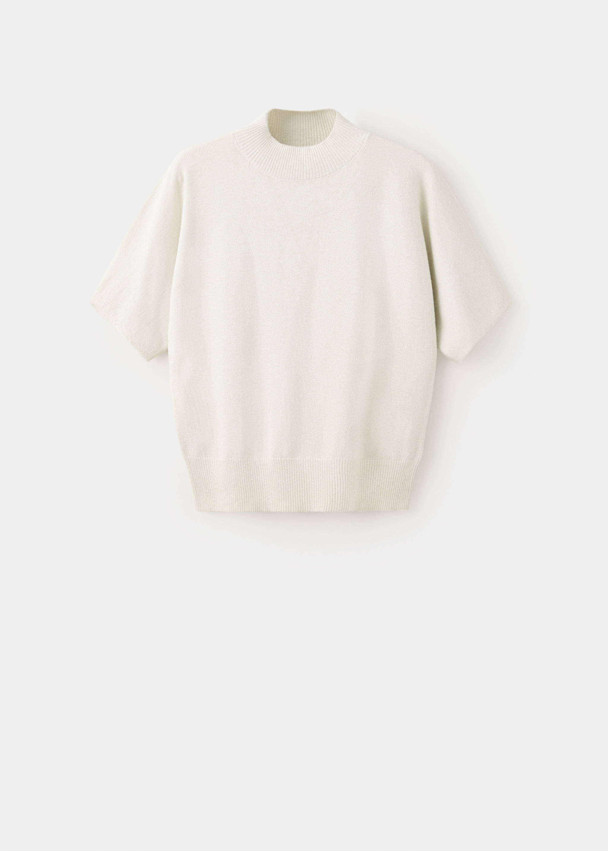 Off-white short-sleeved knit jersey with a ribbed high neck.