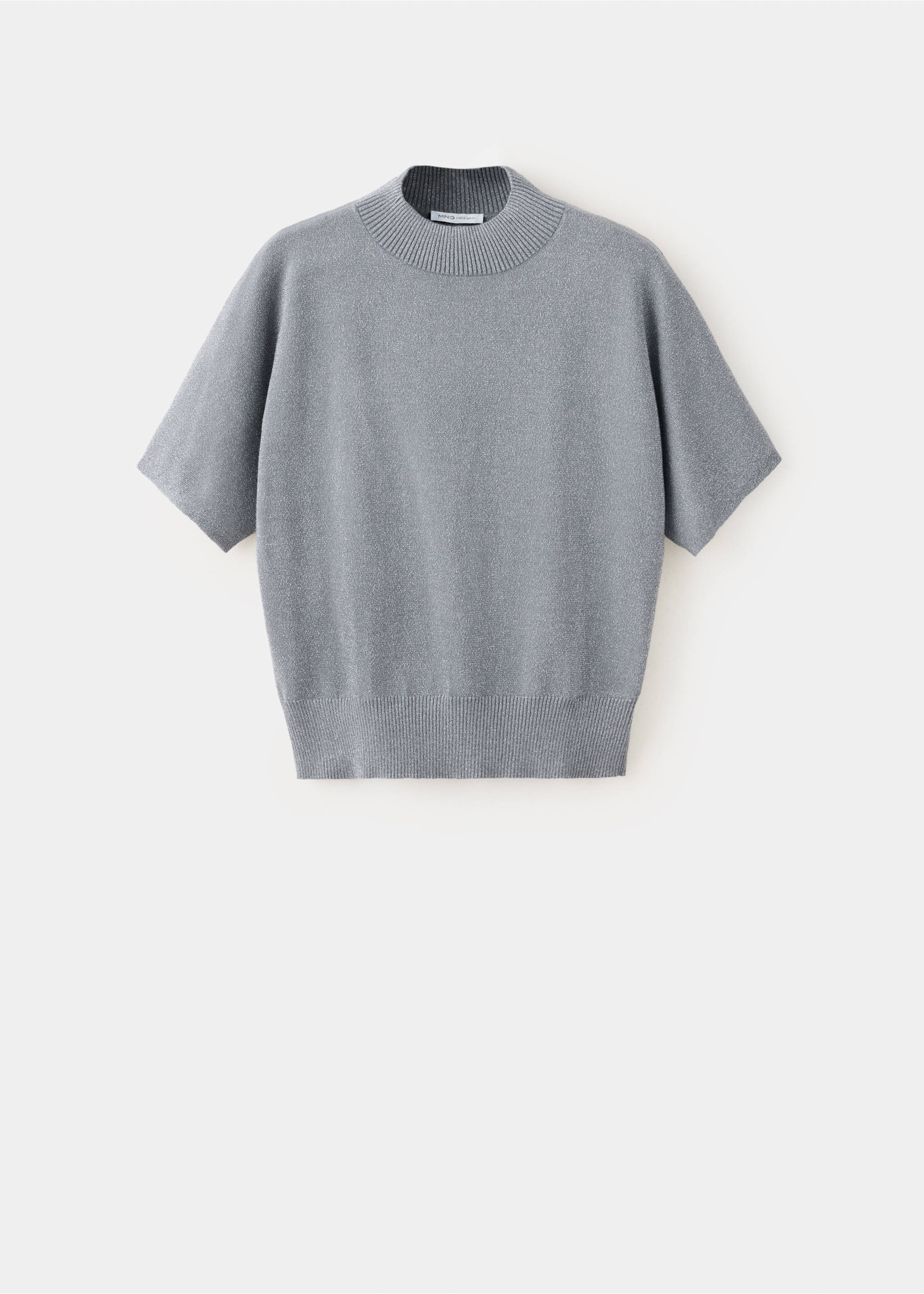 Grey short-sleeved jersey sweater with a ribbed mock neck and hem., Silver. Ref: 37009141-00.