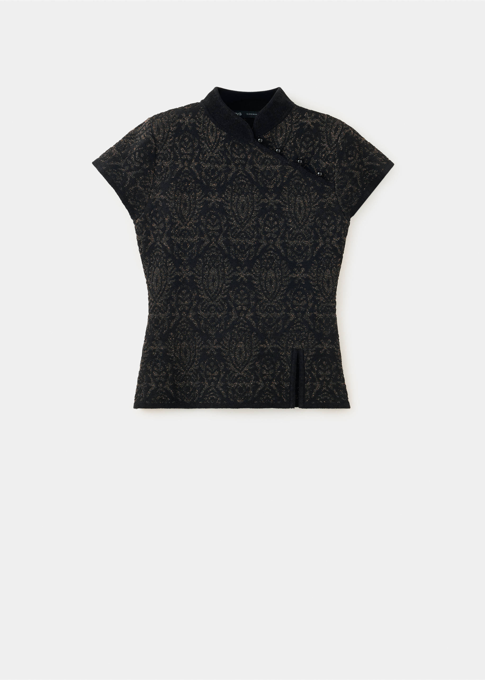 Jersey negro con estampado, manga corta, cuello alto y detalle de botones en el lateral., Negro. Ref: 37009143-00.