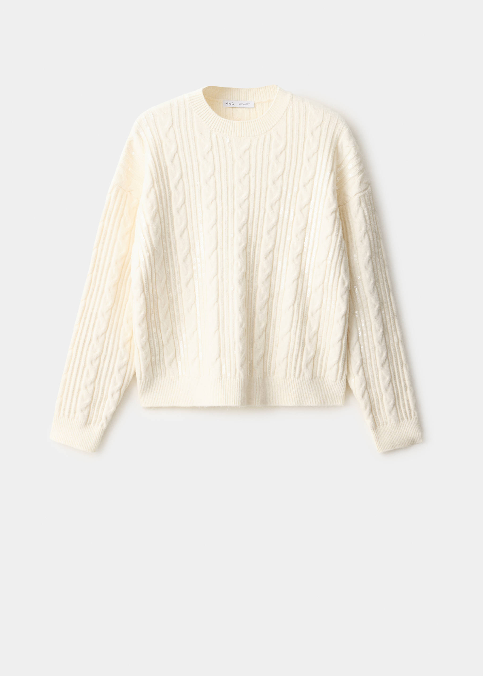 Off-white cable-knit jersey sweater with a crew neckline and sequin details.