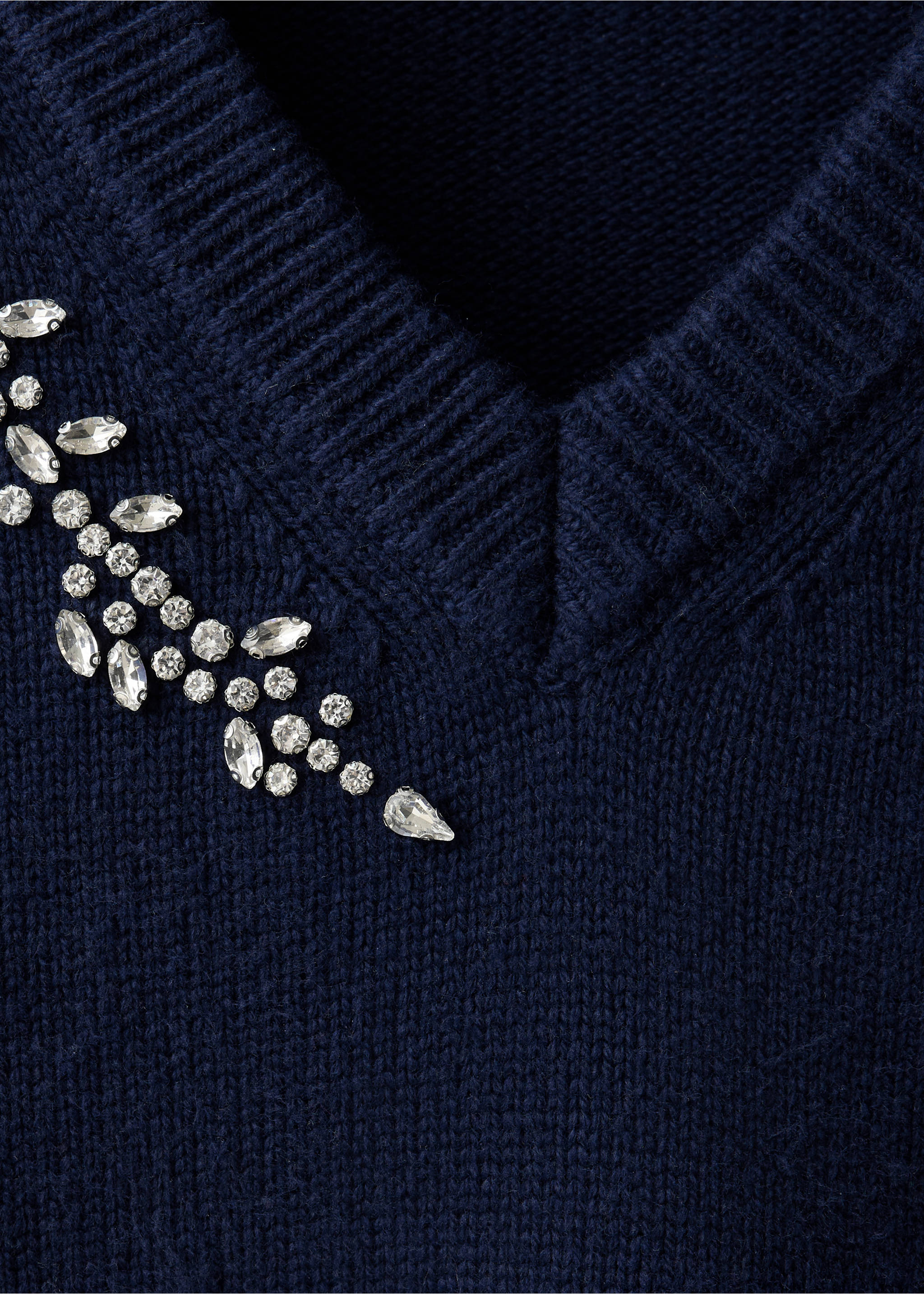 Close-up of a dark blue V-neck knit jumper with crystal embellishments., Navy. Ref: 37009152-00.