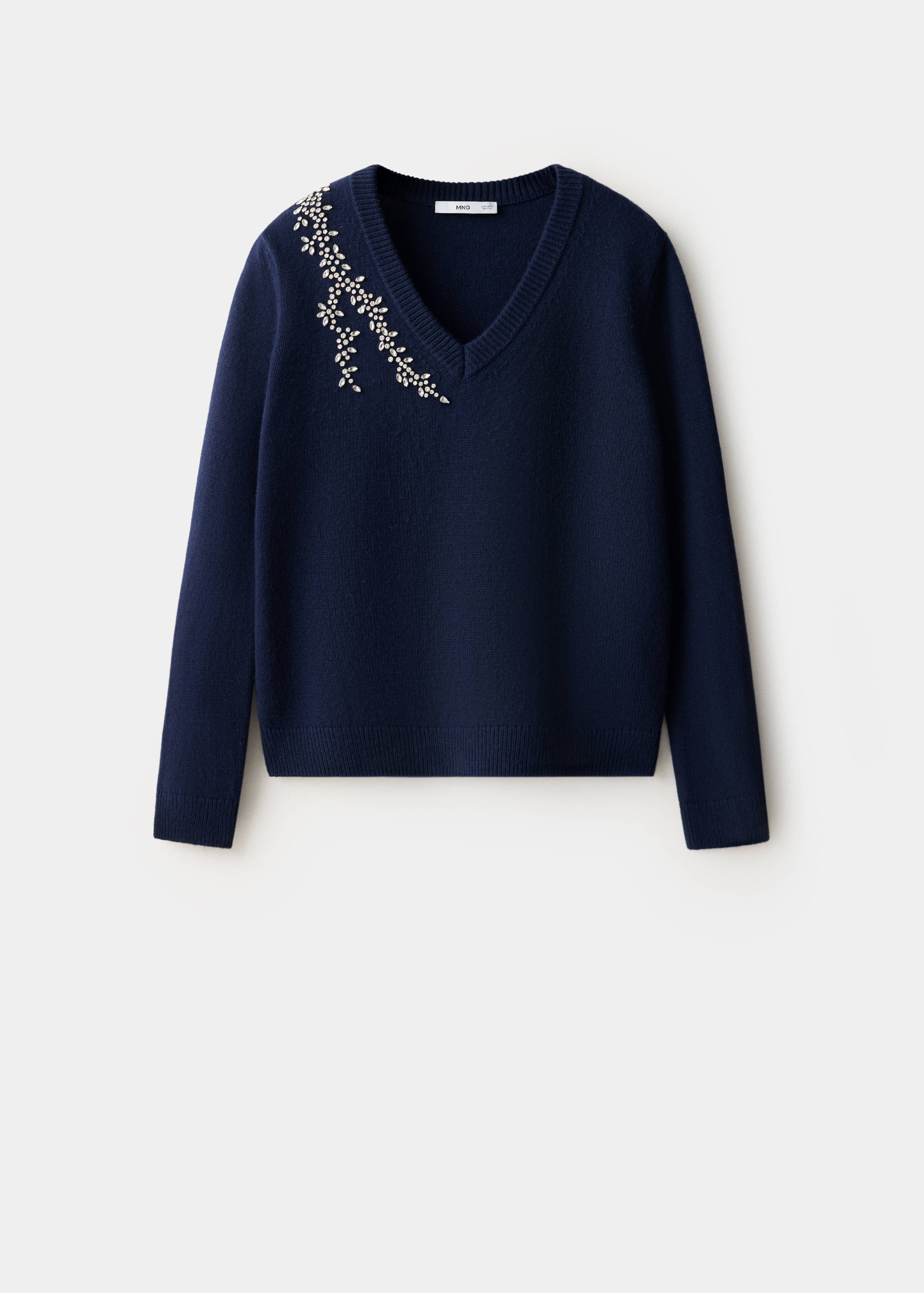 Dark blue V-neck jersey with rhinestone shoulder embellishment.