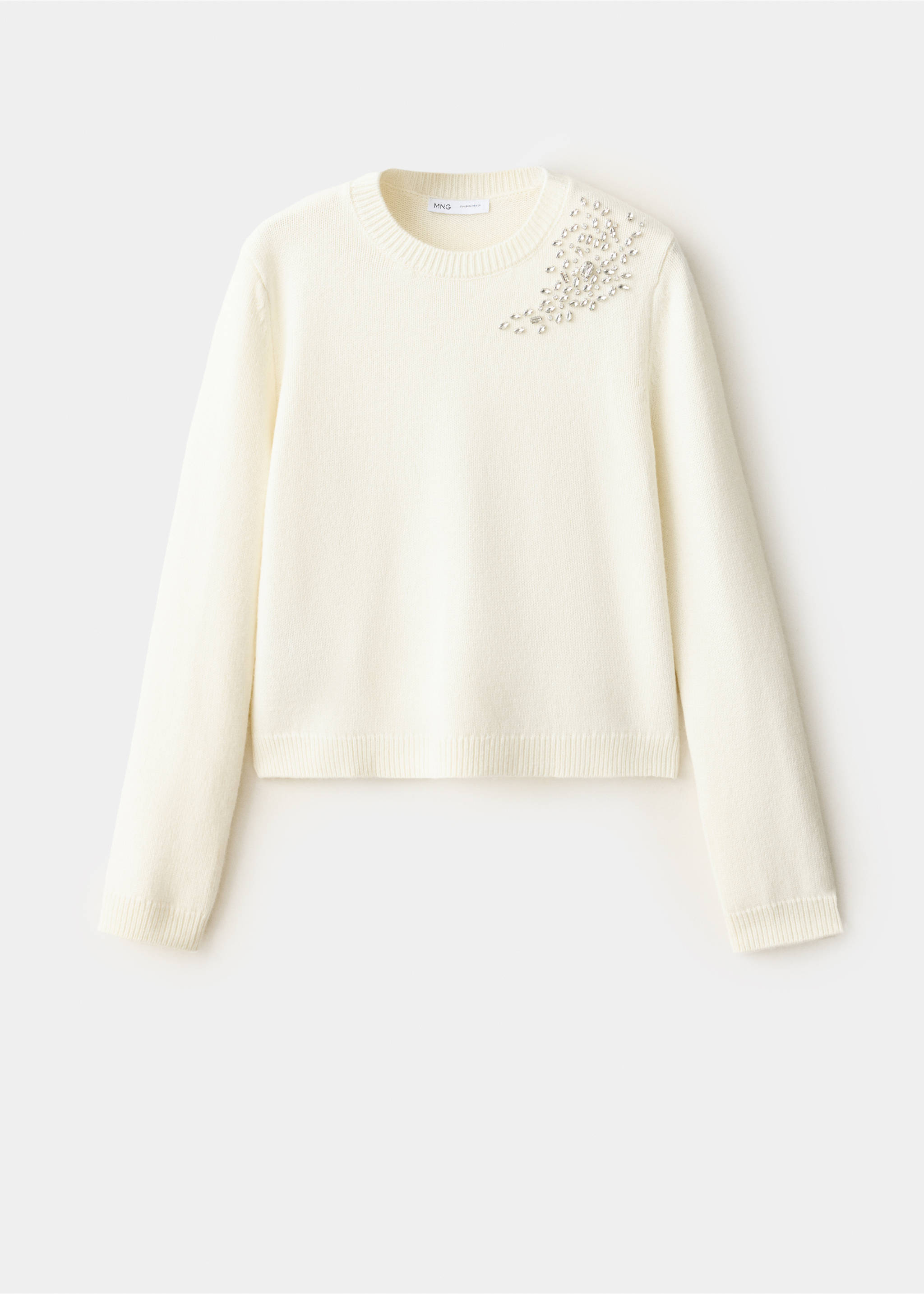 Off-white knitted jumper with a crew neck and rhinestone-embellished left shoulder., Ecru. Ref: 37009153-00.