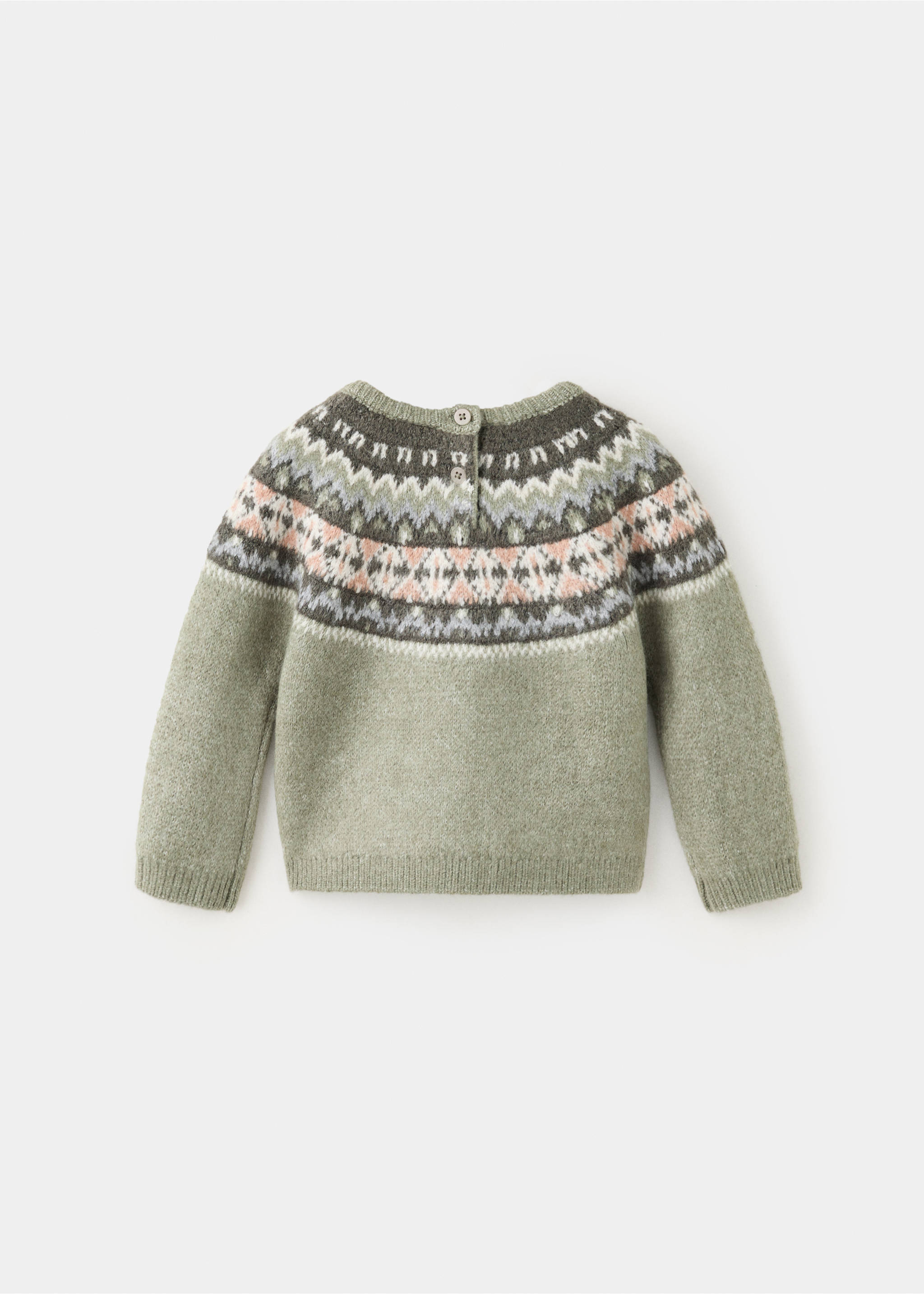 Green children's knit jersey with a Fair Isle patterned yoke and back buttons, back view., Green. Ref: 37009154-00.