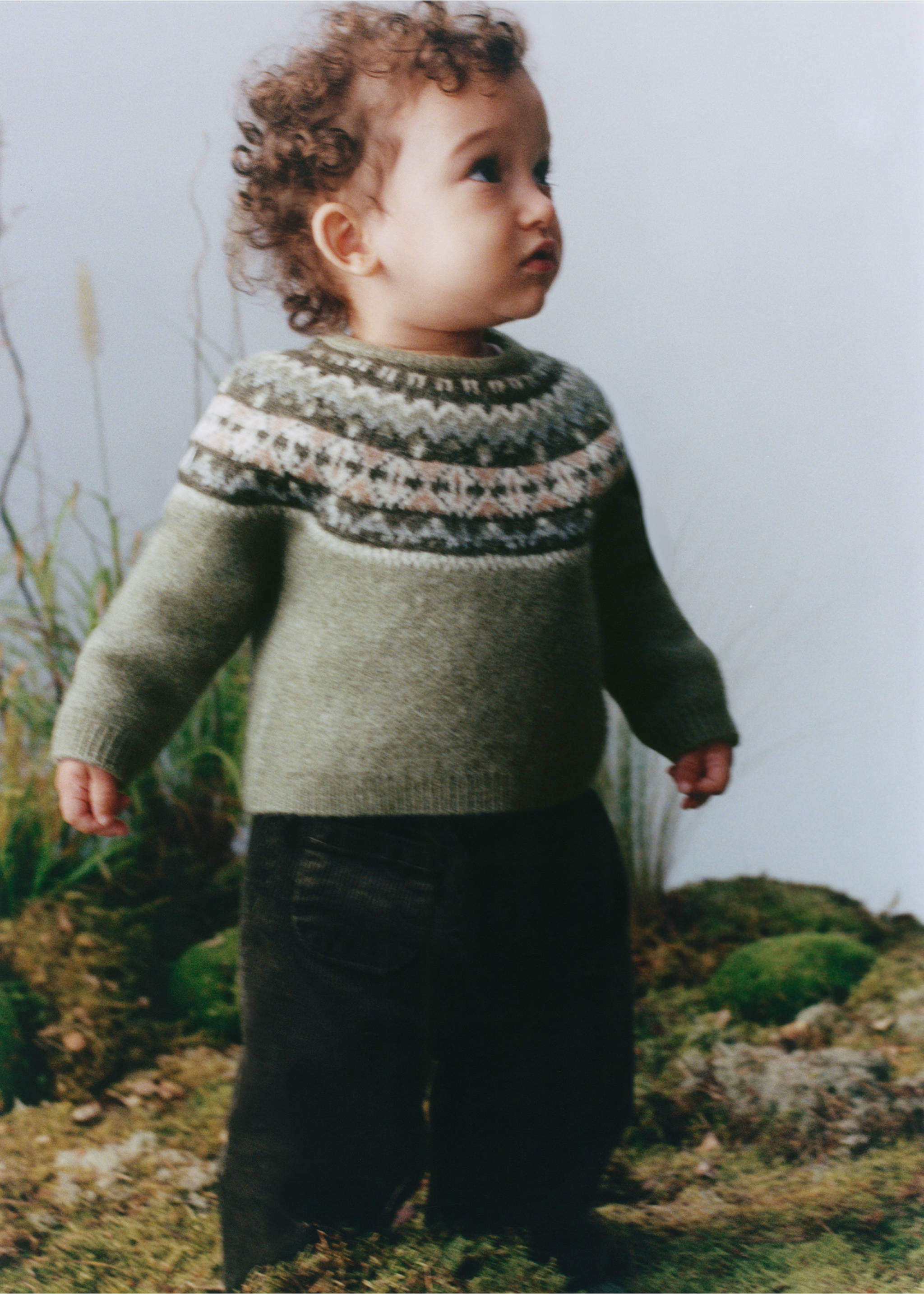 Green Fair Isle knit sweater with a patterned yoke and round neckline., Green. Ref: 37009154-00.
