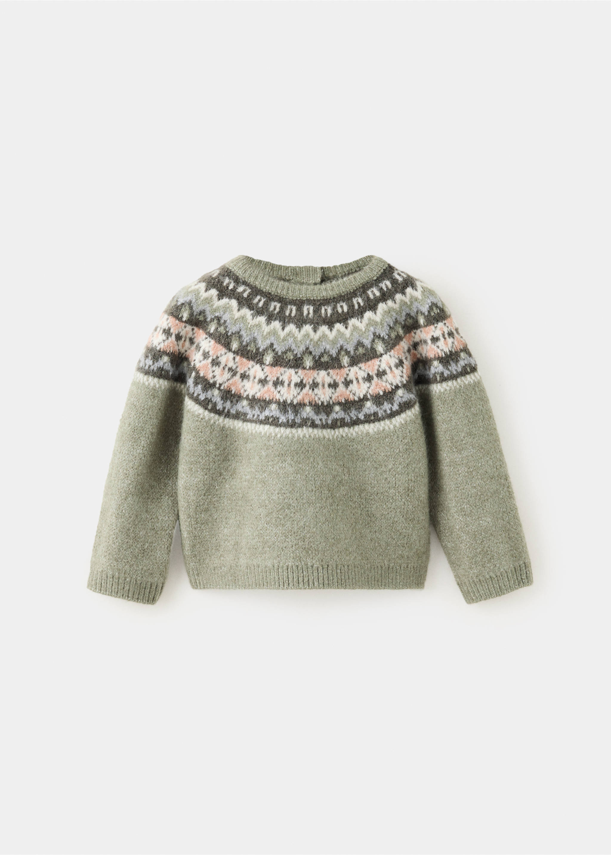 Sage green children's knit jumper with a fair isle yoke pattern., Green. Ref: 37009154-00.