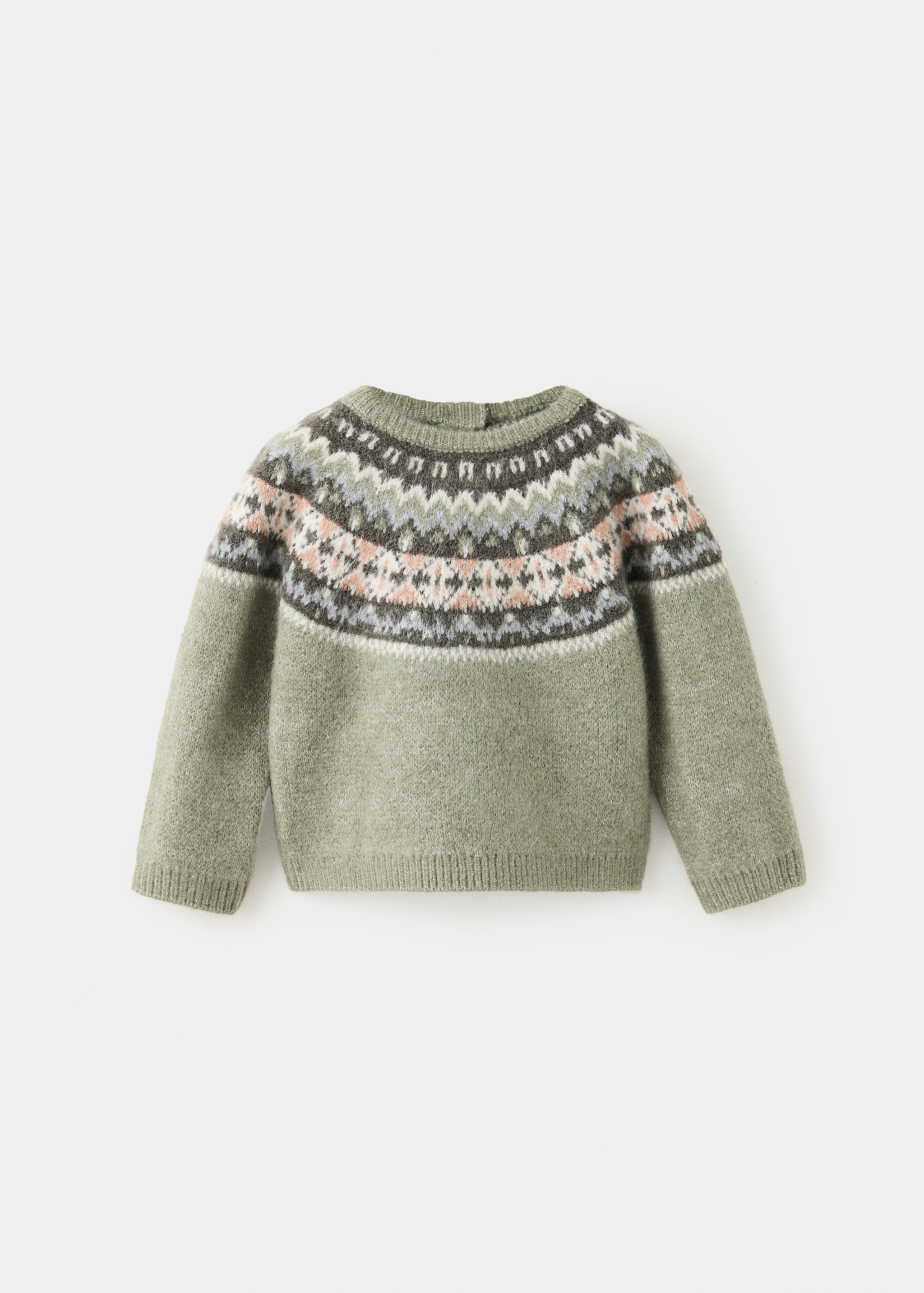 Sage green children's knit jumper with a fair isle yoke pattern.