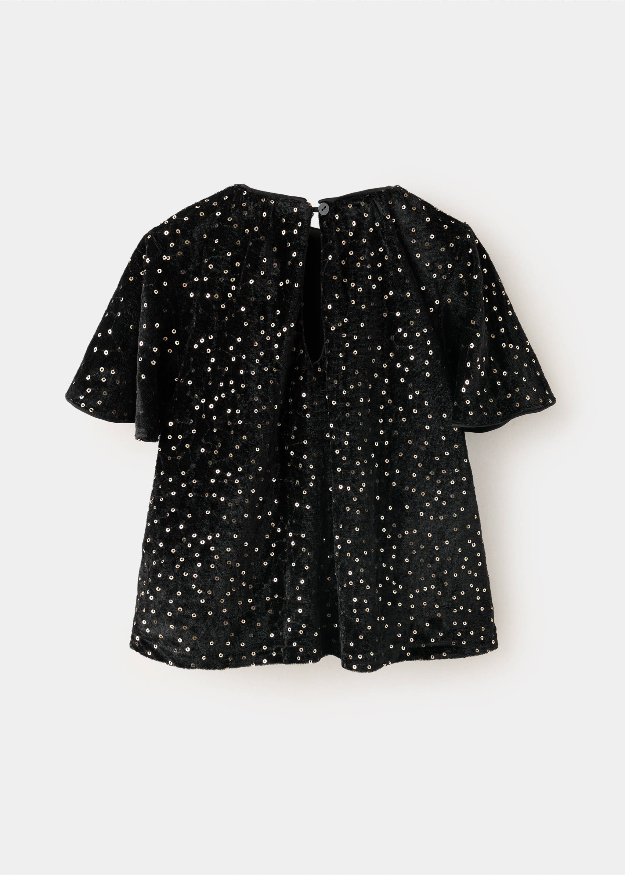 Black sequined t-shirt shown from the back with a keyhole button fastening., Black. Ref: 37009213-00.