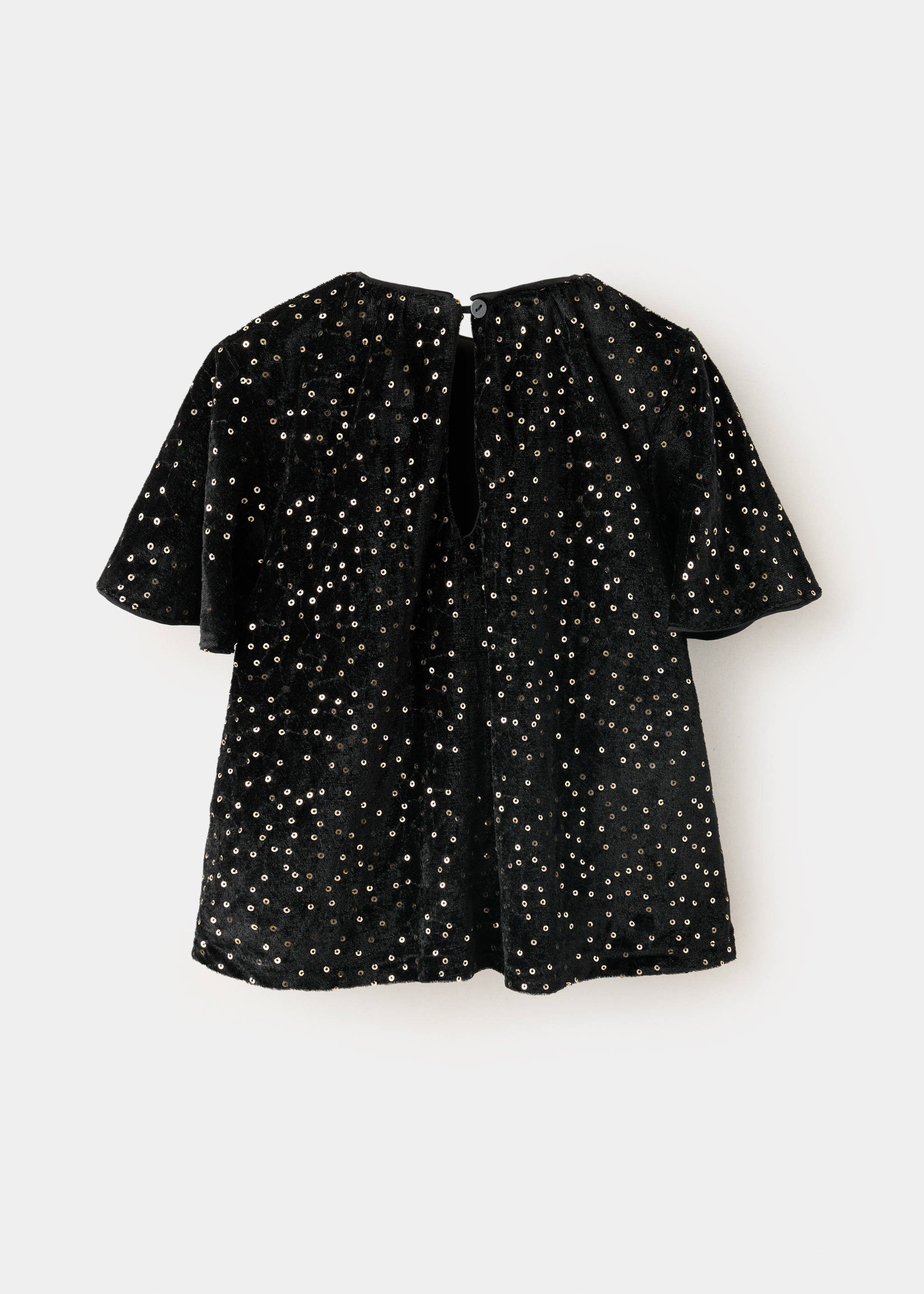 Black sequined t-shirt shown from the back with a keyhole button fastening.