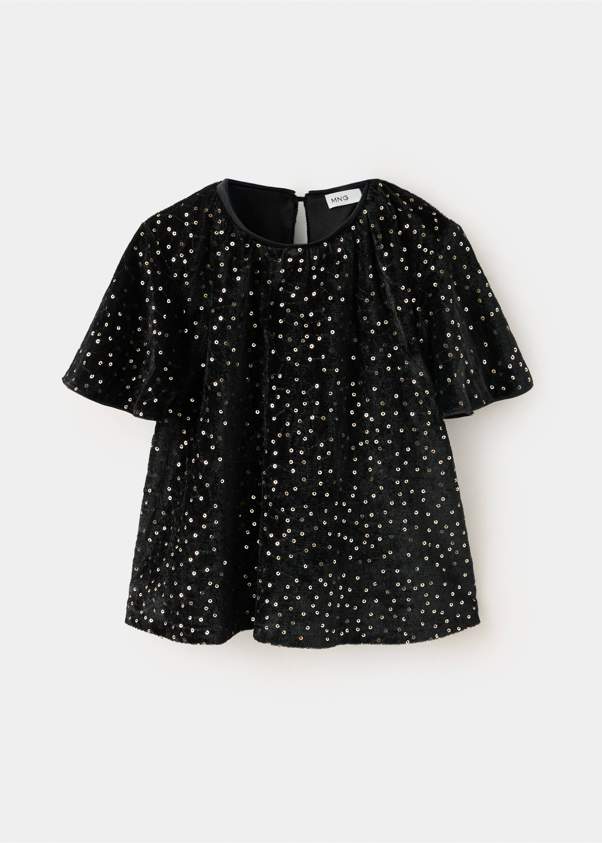 Black t-shirt with gold sequins, short flared sleeves and a keyhole back., Black. Ref: 37009213-00.