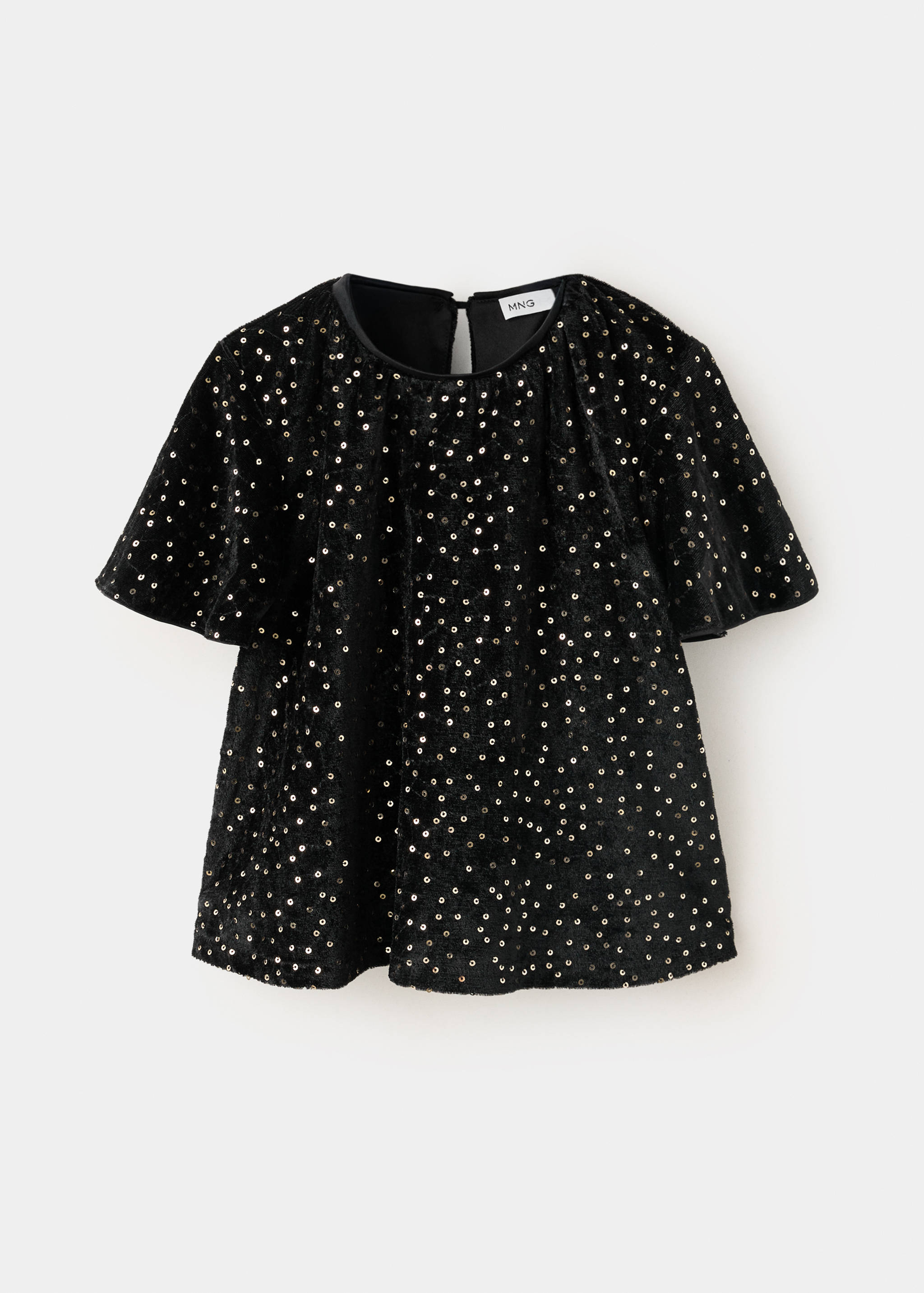 Black t-shirt with gold sequins, short flared sleeves and a keyhole back.