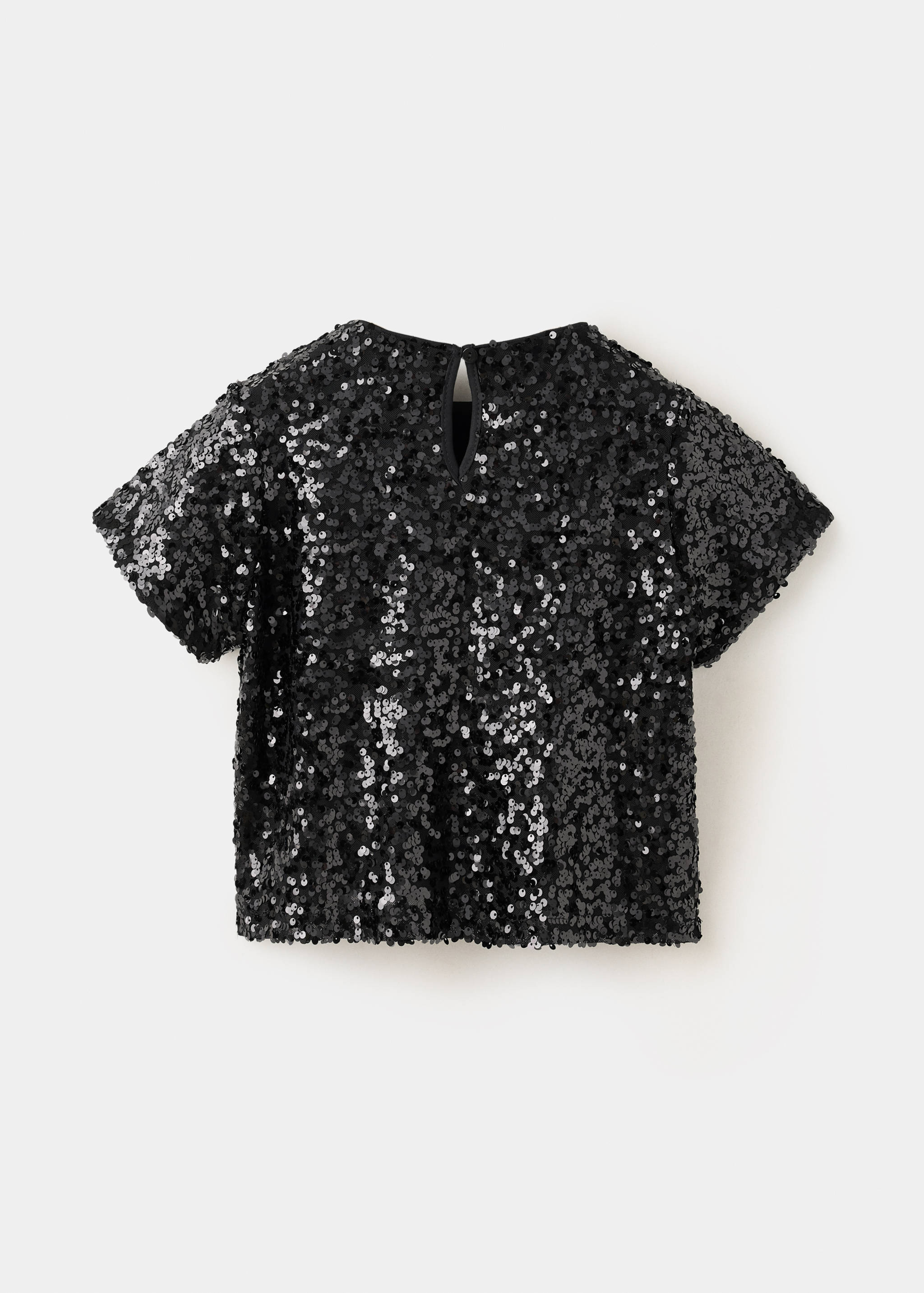 Black sequinned t-shirt shown from the back with a keyhole button closure.