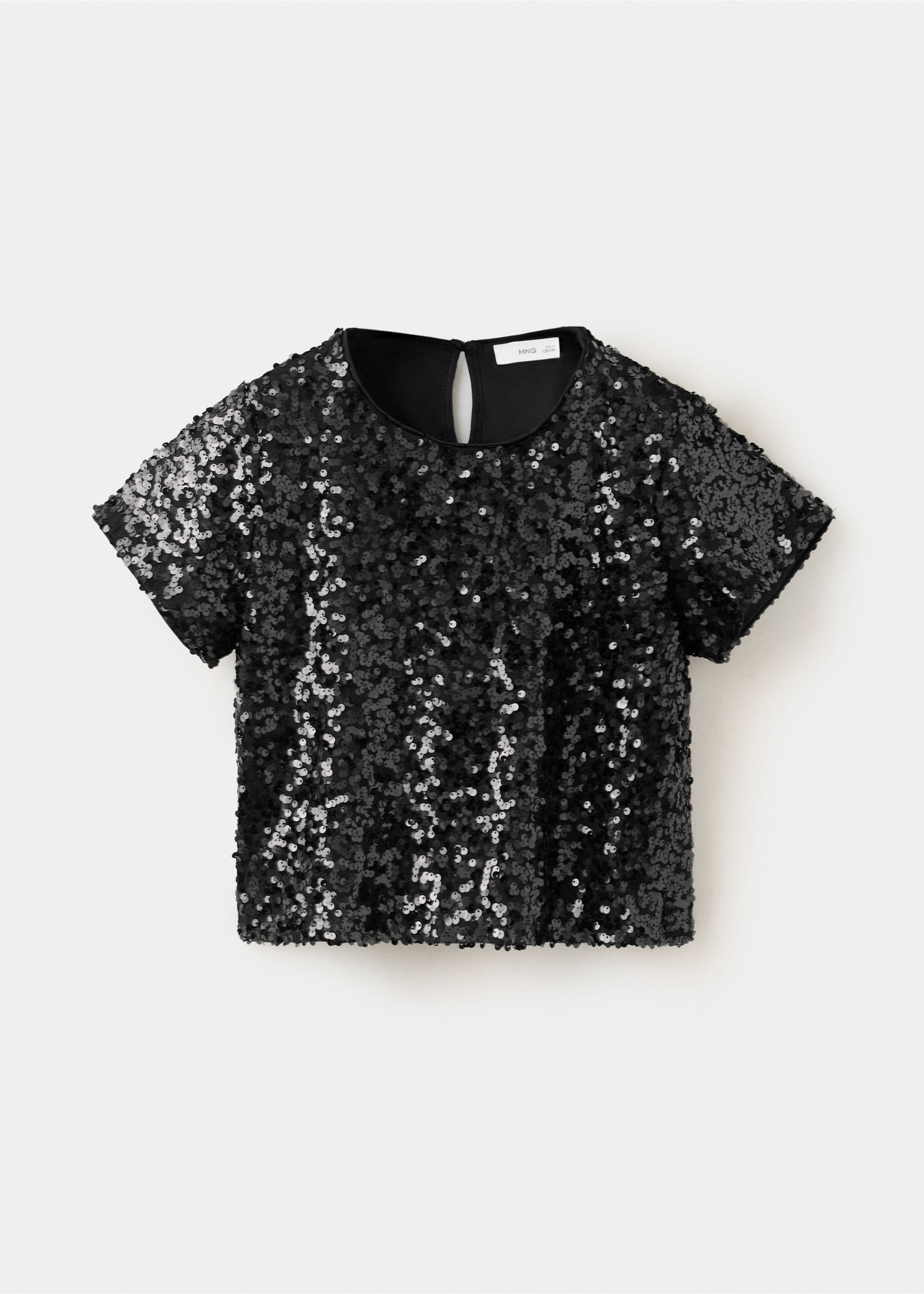 Black sequin short-sleeve t-shirt with a keyhole back fastening., Black. Ref: 37009215-00.
