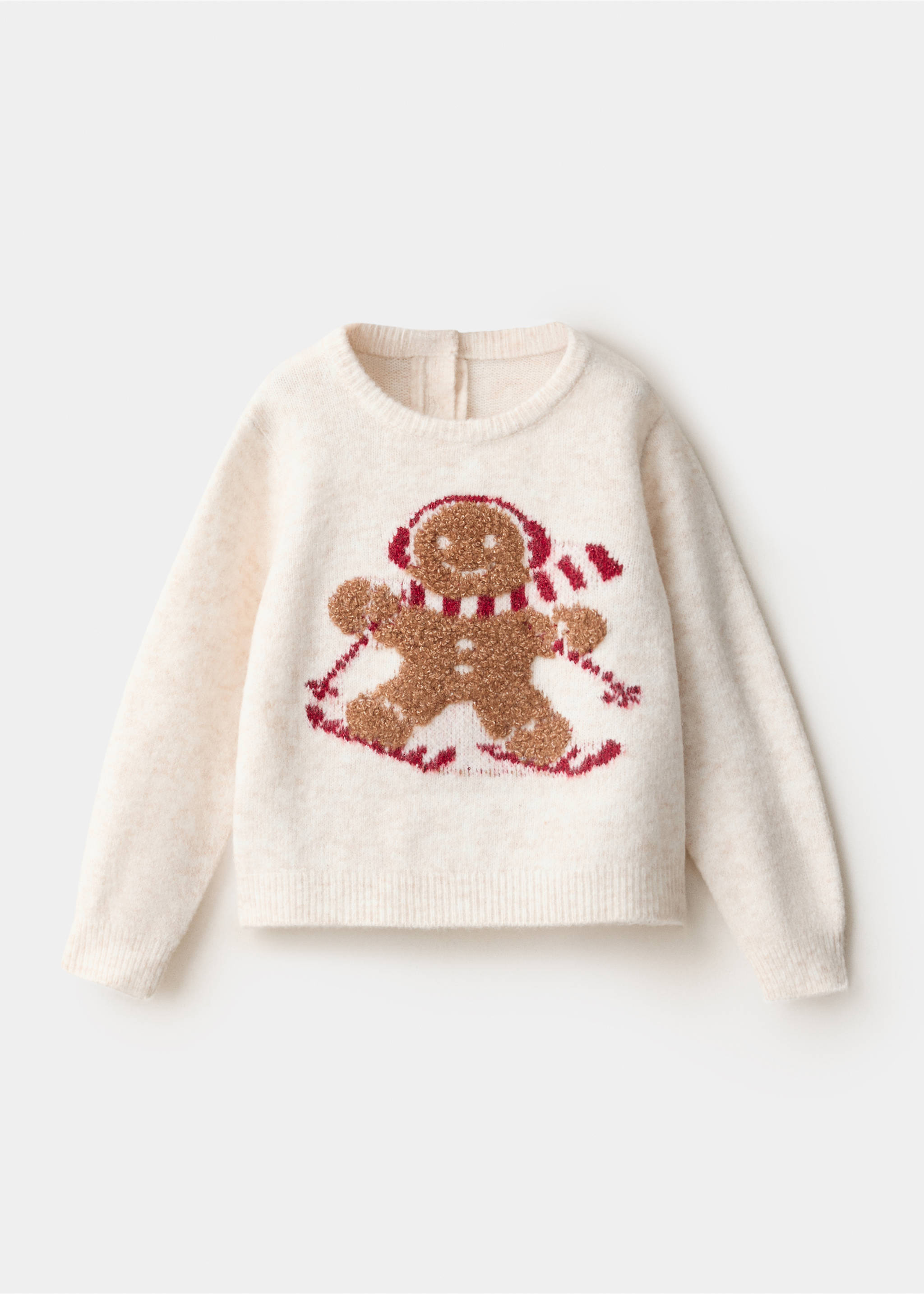Cream kids' knit jumper featuring a textured gingerbread skier graphic., Beige. Ref: 37009218-00.