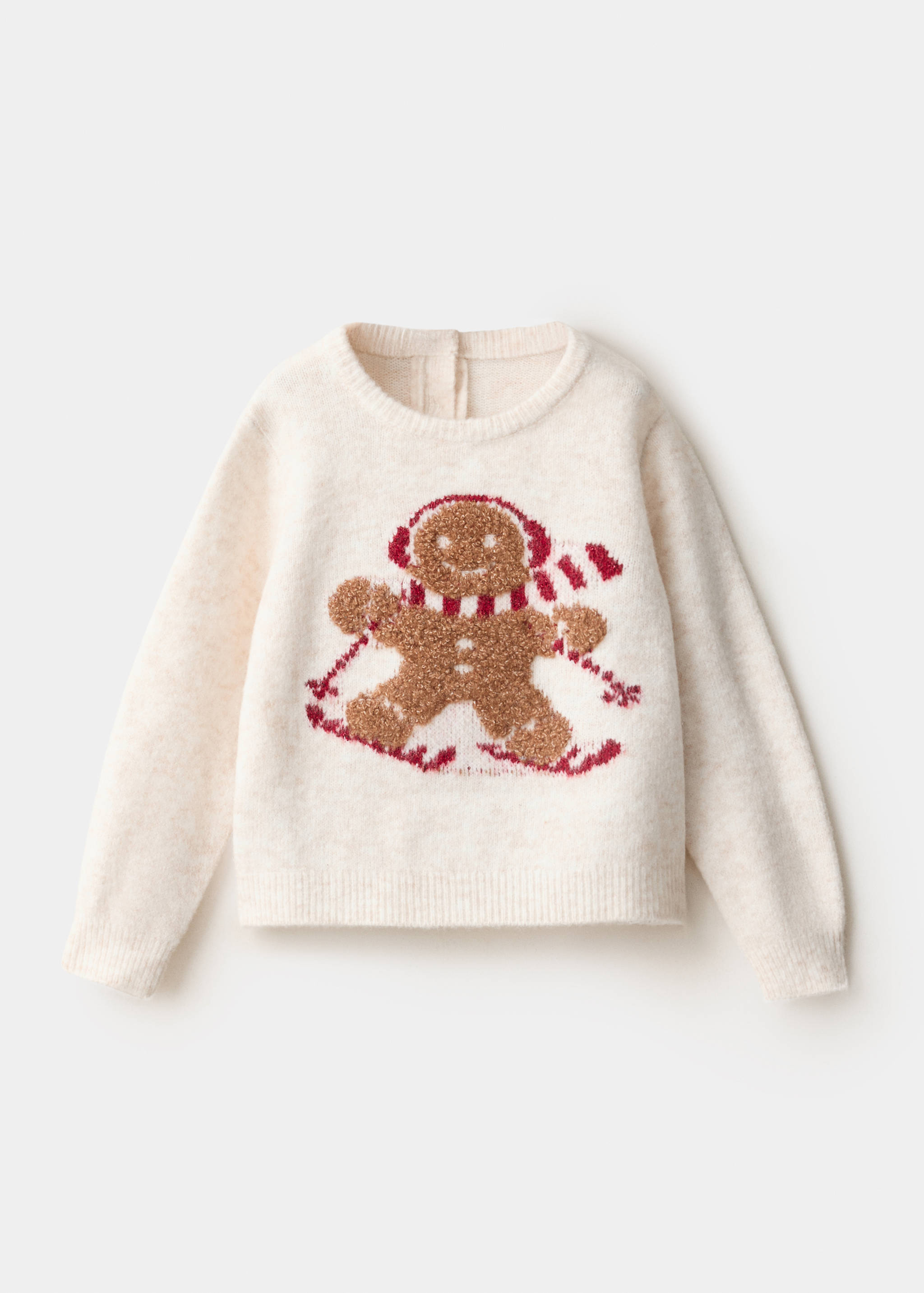 Cream kids' knit jumper featuring a textured gingerbread skier graphic.
