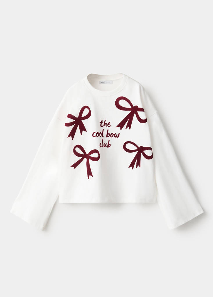 T-shirt z nadrukiem kokardek z aksamitu złamana biel - Dzieci - 9-10 lata - MANGO KIDS