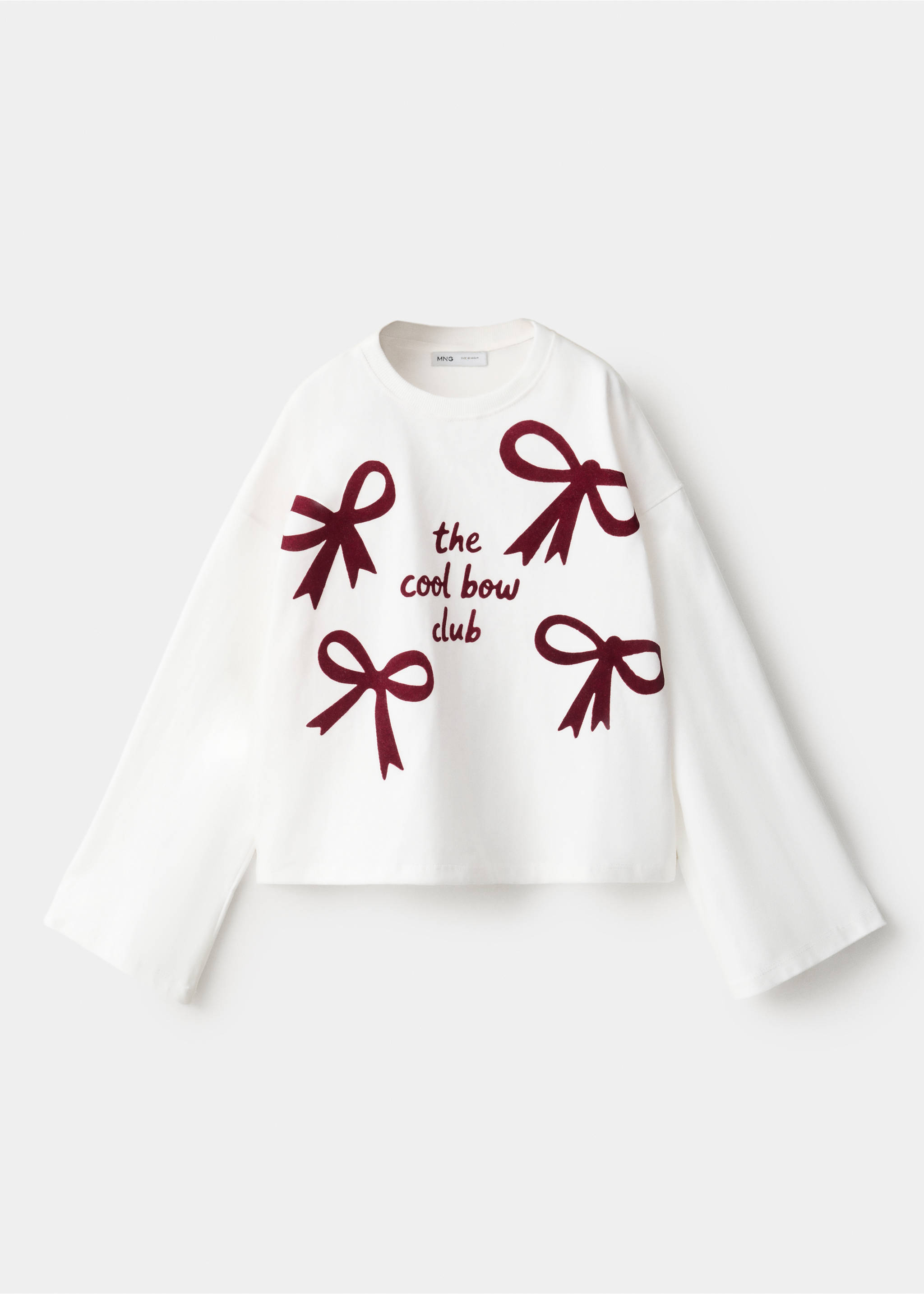 White long-sleeve t-shirt with burgundy bow prints and text., Off White. Ref: 37009224-00.