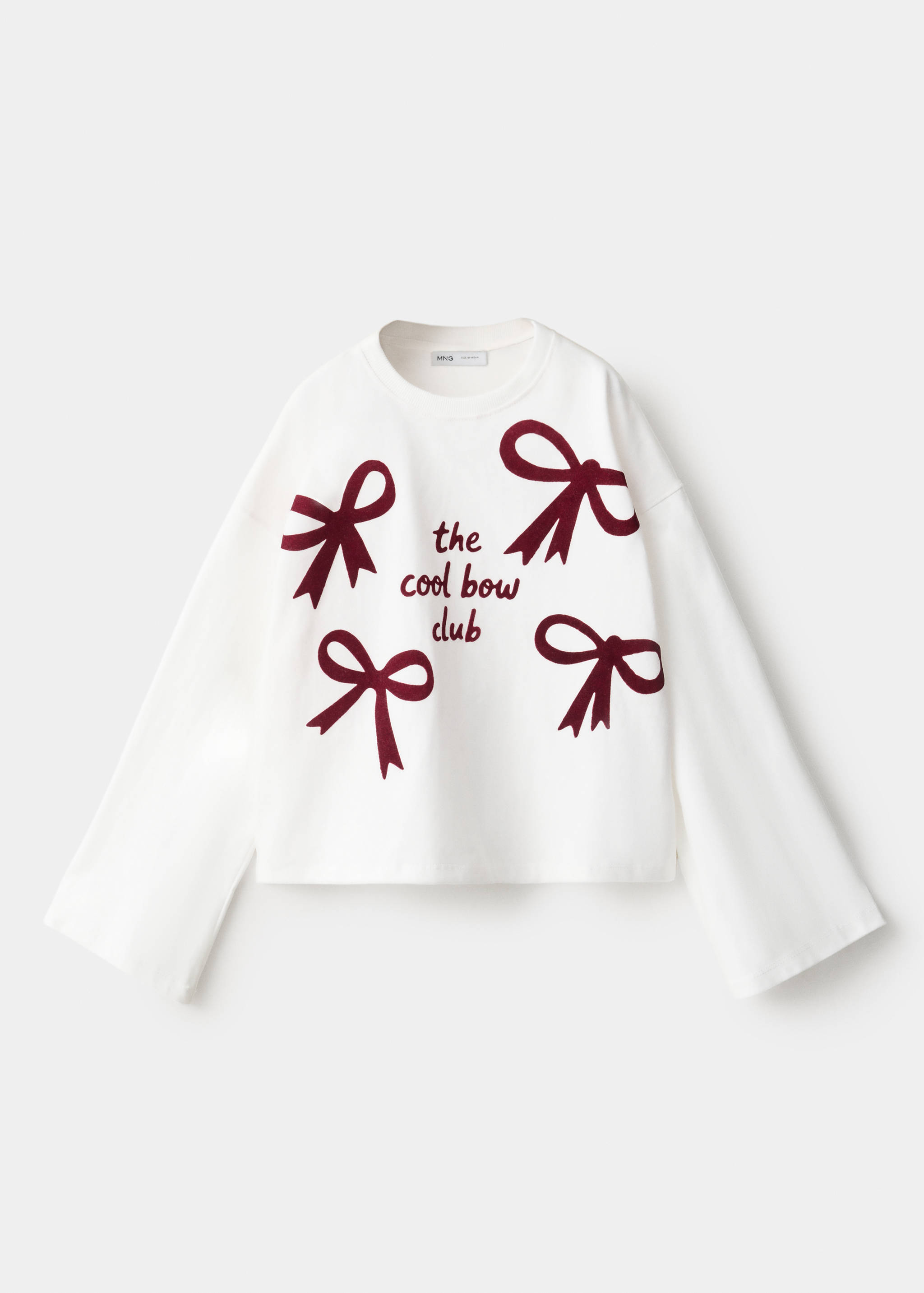 White long-sleeve t-shirt with burgundy bow prints and text.