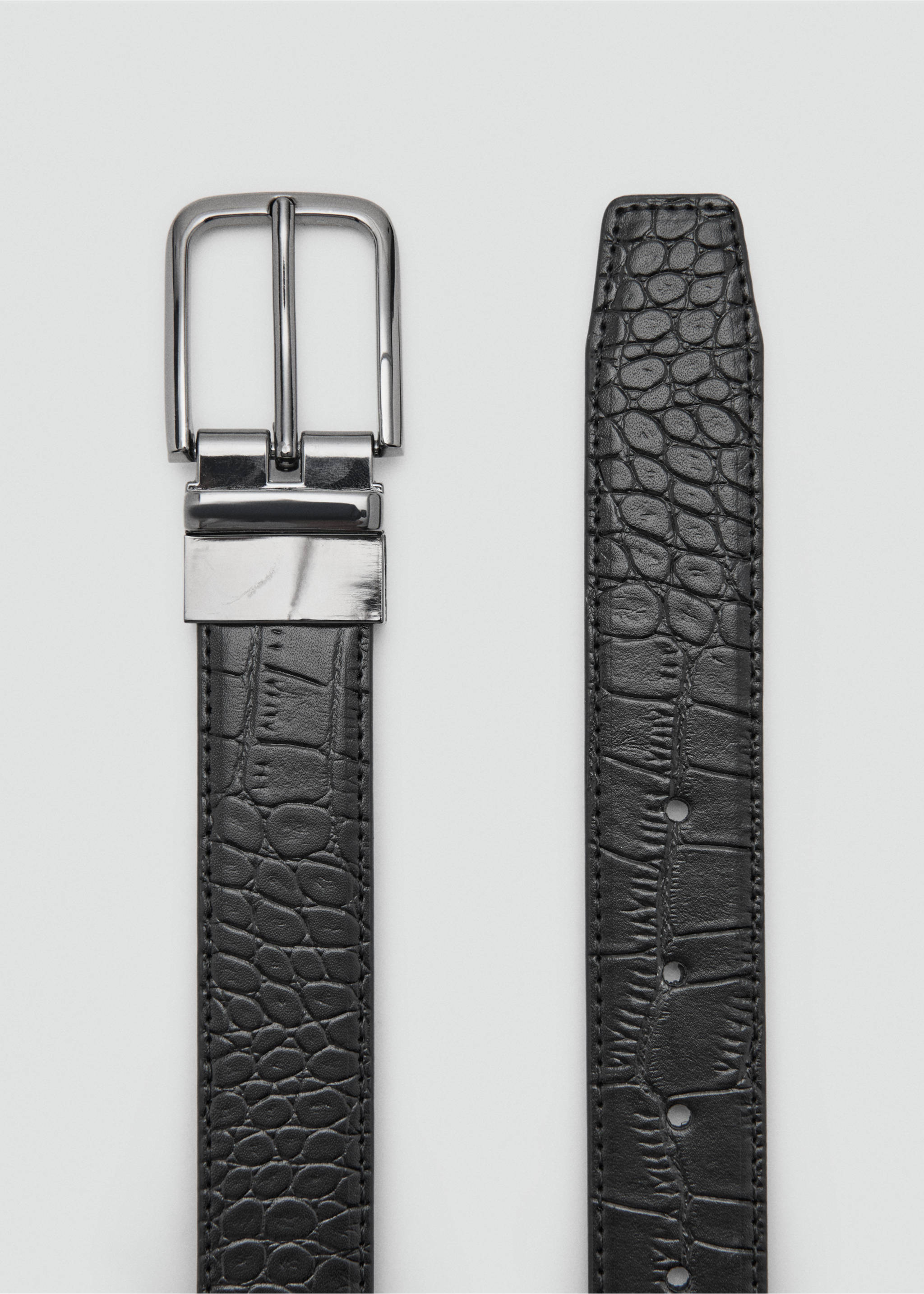 Croc-effect leather belt - Details of the article 1, Black. Ref: 37011371-00.