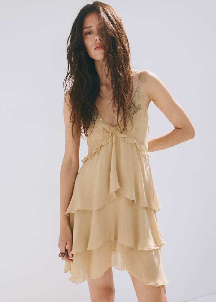 Ruffle dress with bead detail — Beige