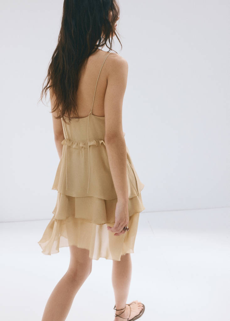 Ruffle dress with bead detail — Beige