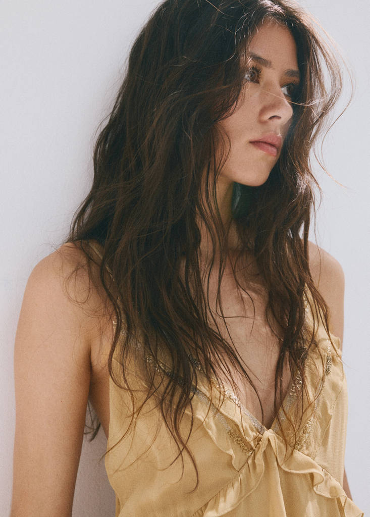 Ruffle dress with bead detail — Beige