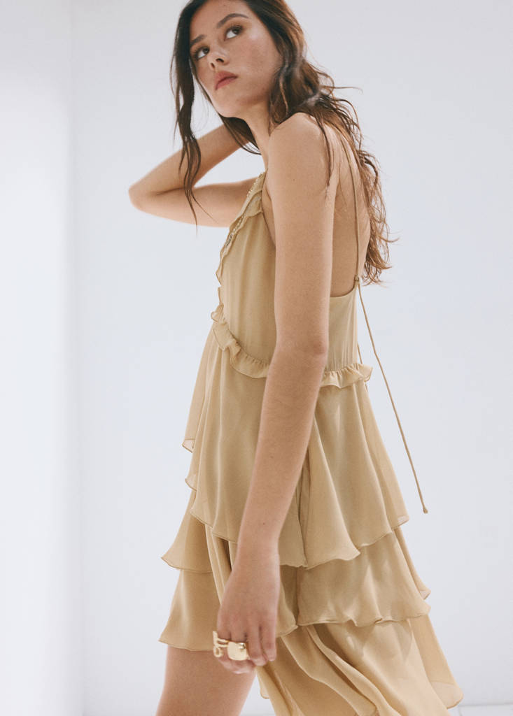 Ruffle dress with bead detail — Beige