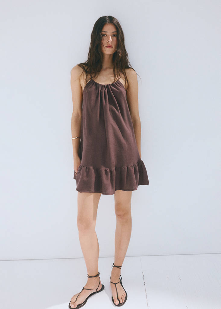 Gathered neck jersey dress — Wine